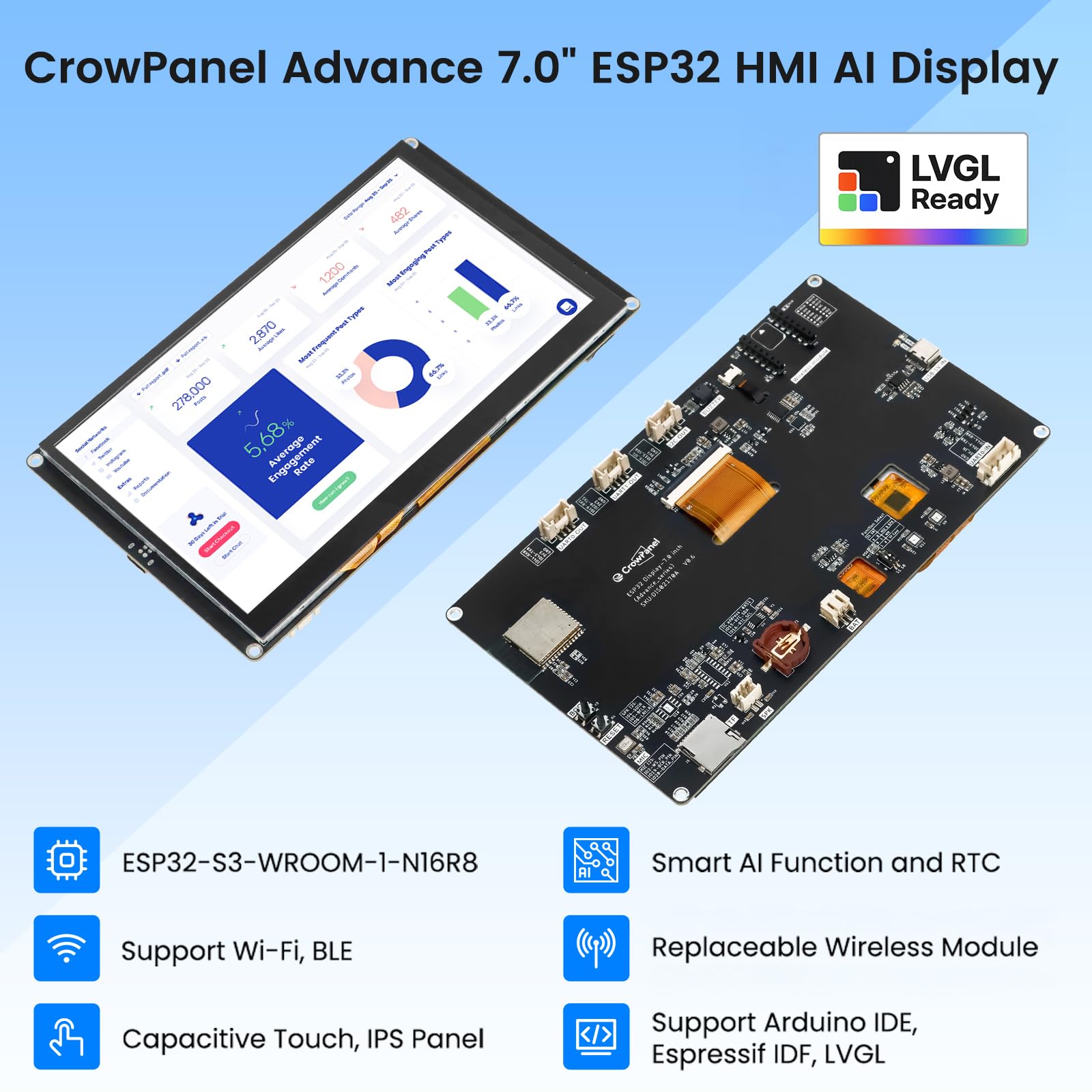 ELECROW ESP32 Display 800 × 480, 7 pollici HMI Advanced ESP32 IPS Touch Display, supporto interazione vocale AI, processore dual-core LX7 a 32 bit, fino a 240 MHz, compatibile con Arduino, ESP-IDF e