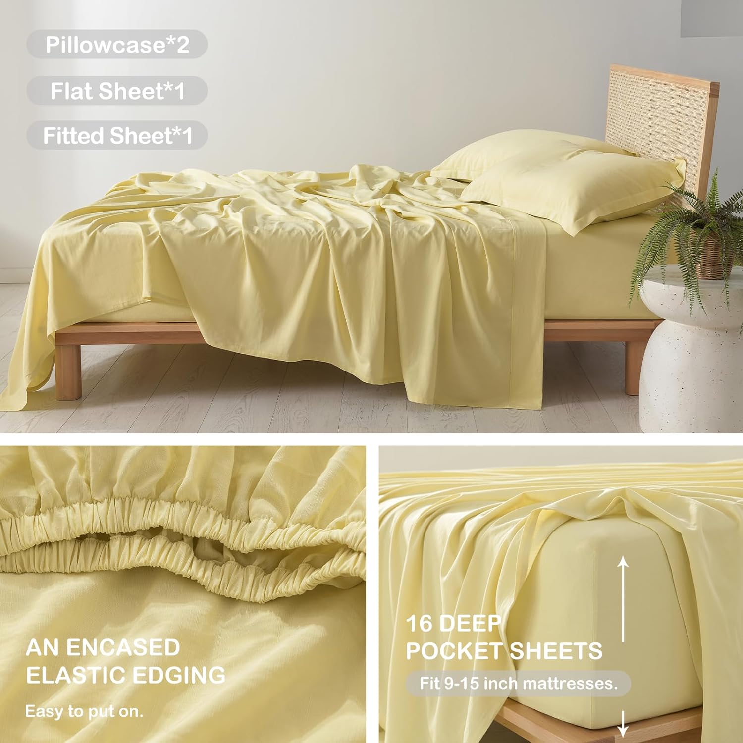 PANDATEX Light Yellow King Size 4 Piece Sheet Set, Linen-Textured Cotton Blend Sheets, Soft Breathable & Cooling Sheets for Hot Sleepers, Deep Pockets Natural Bed Sheets