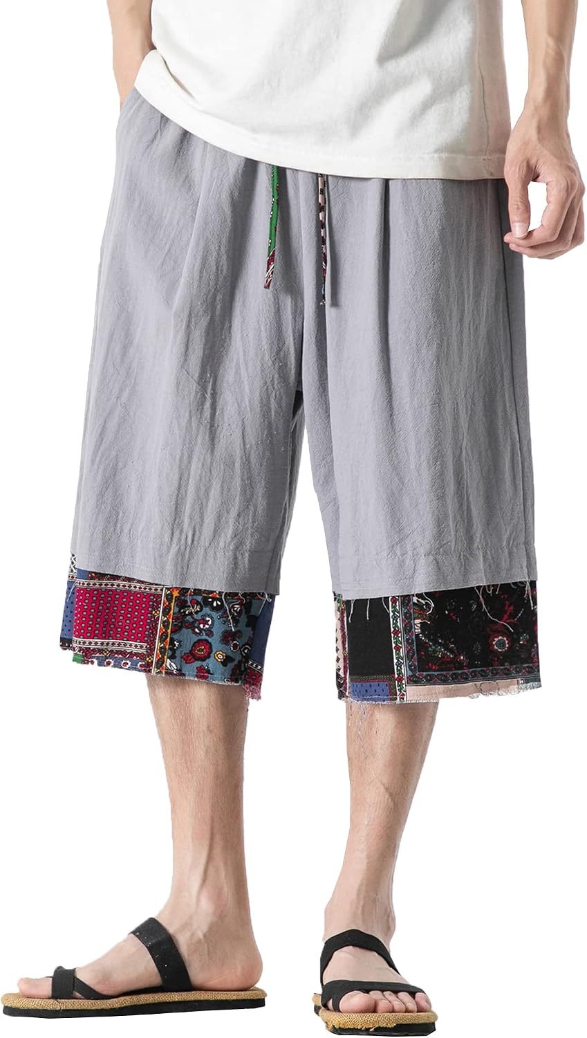 DOSLAVIDA Men's Linen Harem Capri Pants Loose Fit Yoga Beach Shorts Elastic Waist Wide Leg Baggy Cropped Trousers D-Grey
