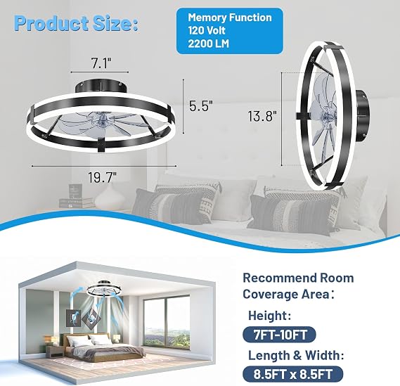 Low Profile Bladeless Ceiling Fan with Lights & Remote - 19.7 Flush Mount Fandelier Light Fan for Bedroom/Kitchen