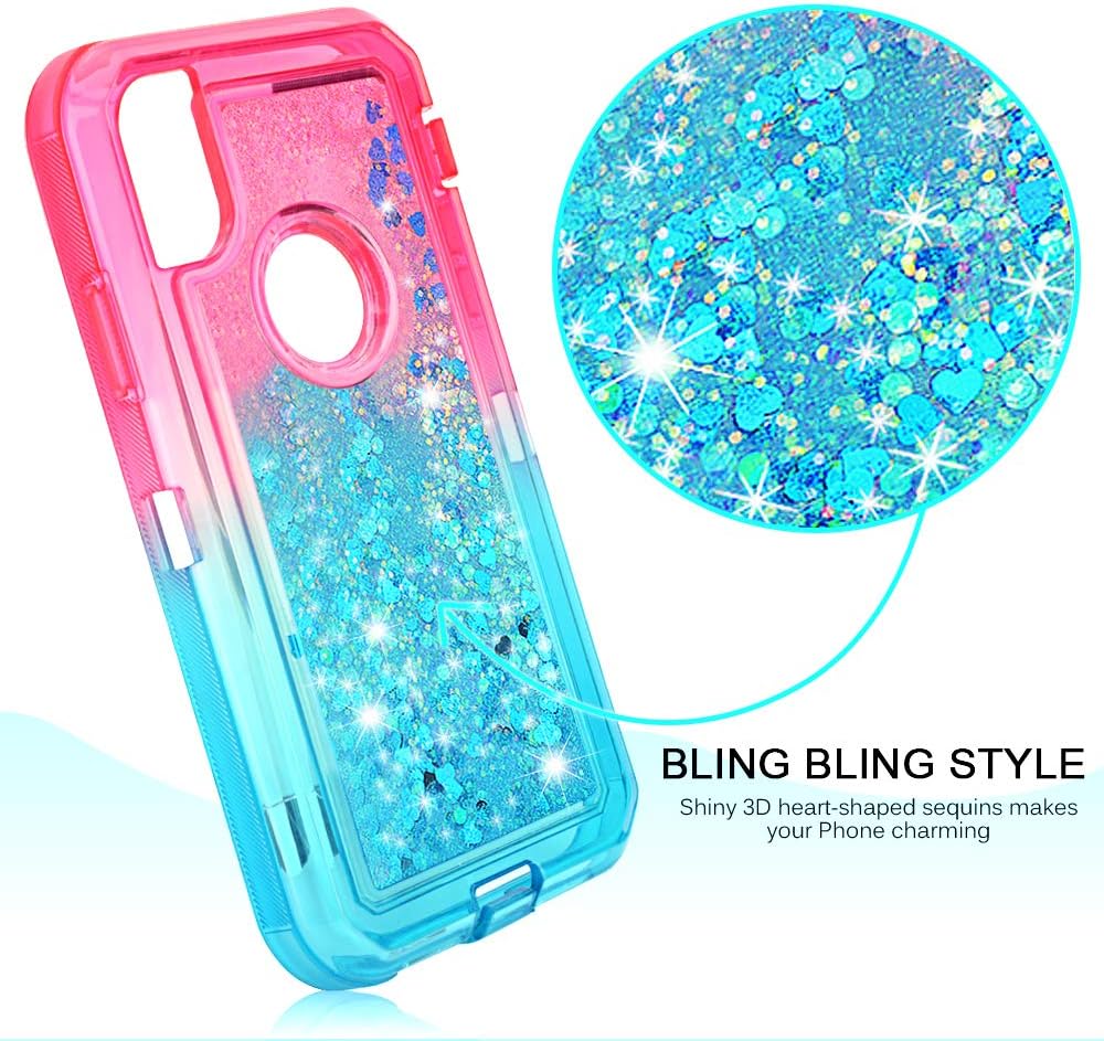 MAXCURY Glitter iPhone XR Case, Defender Flowing 3D Liquid Quicksand Heavy Duty Shockproof Case Hard PC + Gradient TPU Bumper Cover for iPhone XR in 6.1 Inch. (Pink/Blue)