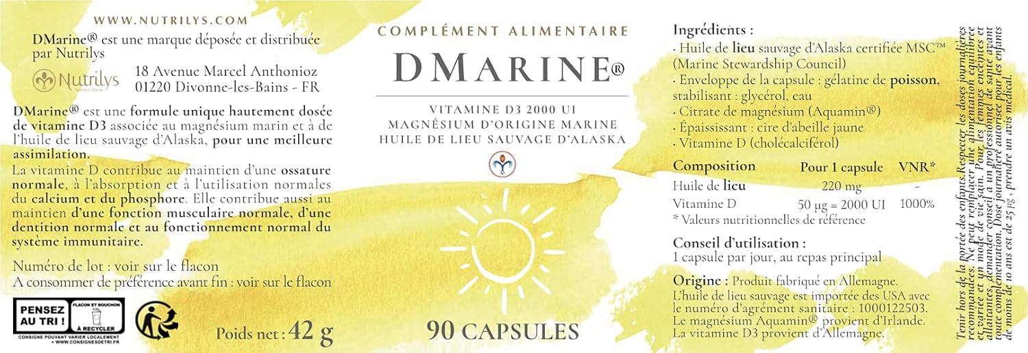DMarine® – Dietary Supplement – Vitamin D3 2000 IU, Marine Magnesium and Alaskan Wild Place Oil — 90 capsules