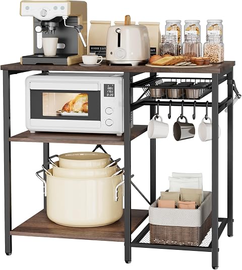 VEVOR Estante para Panaderos de Cocina de 3 Niveles, Estantería de Almacenamiento de Servicios 90 x 40 x 90 cm con 5 Ganchos, Carga del Superior de 30 kg, Estante con Soporte para Horno Microondas
