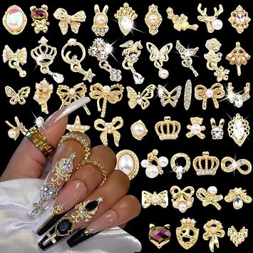 50pcs Random Gold Nail Charms Luxury Nail Rhinestones Nail Gems 3D Alloy Flower Butterfly Nail Art Charms Metal Snake Bear Heart Bow Star Charms for Nails Mix Styles Nail Jewels for Nail Art Supplies