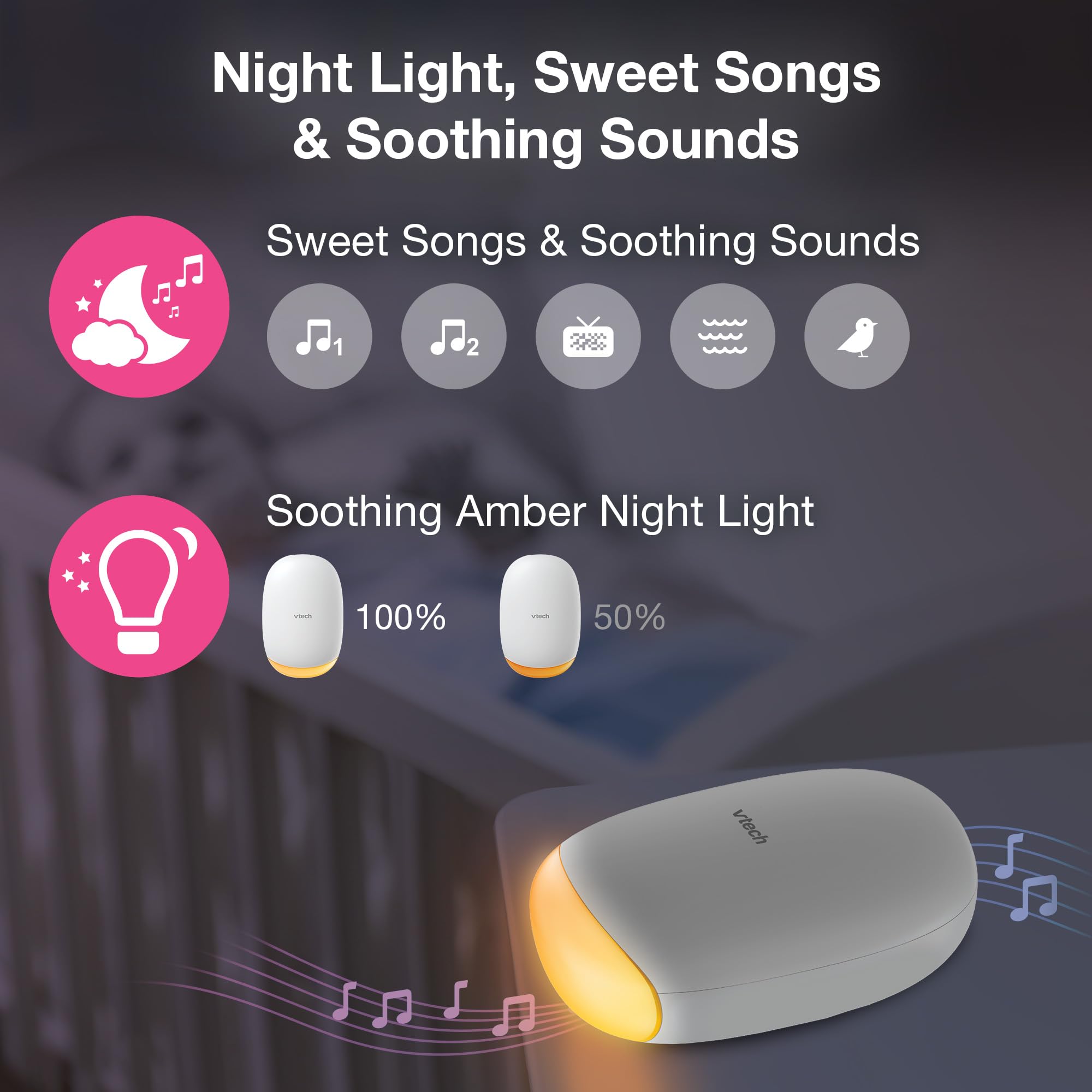 VTech Cochecito de bebé con luz nocturna ámbar, canciones dulces, sonidos relajantes, batería recargable de larga duración, USB-C, chupete portátil, movimientos de balanceo ajustables y volumen