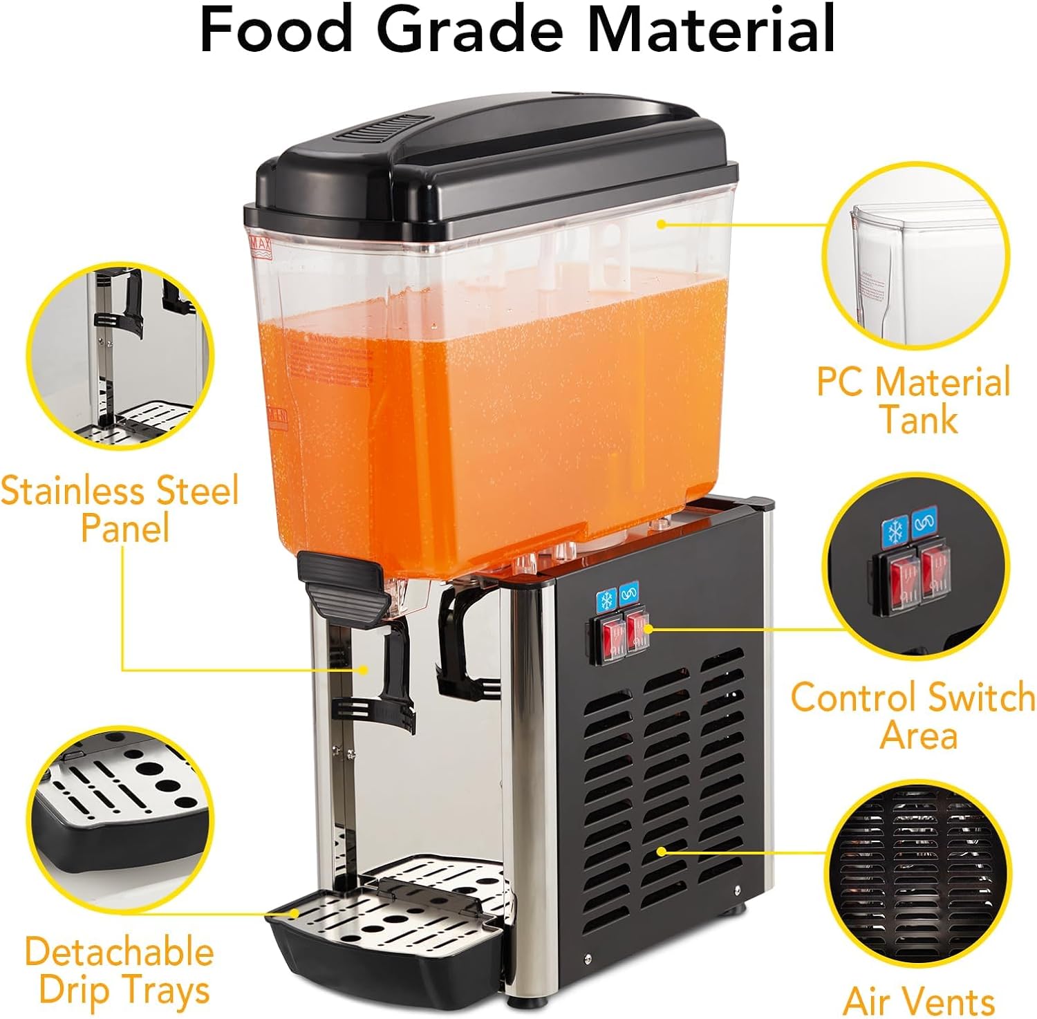 Commercial Beverage Dispenser 4.8 Gallon 18L Single Tank 150W Stainless Steel Juice Dispenser with Thermostat Controller for Cold Drink, Food Grade Material, Ideal for Restaurants, Hotels, and Parties