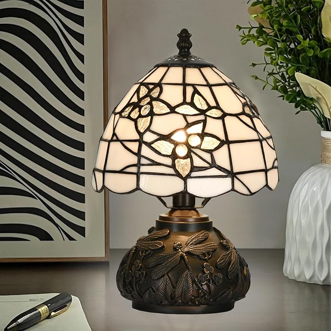 HomeBeauty TL0022 White Floral Tiffany Table Lamp, Stained Glass Dragonfly Bedside Nightstand Lamp Desk Light W8 X H11.8 Inch for Bedroom Living Room Home Office, LED Bulb Included (White Flowers) photo 6