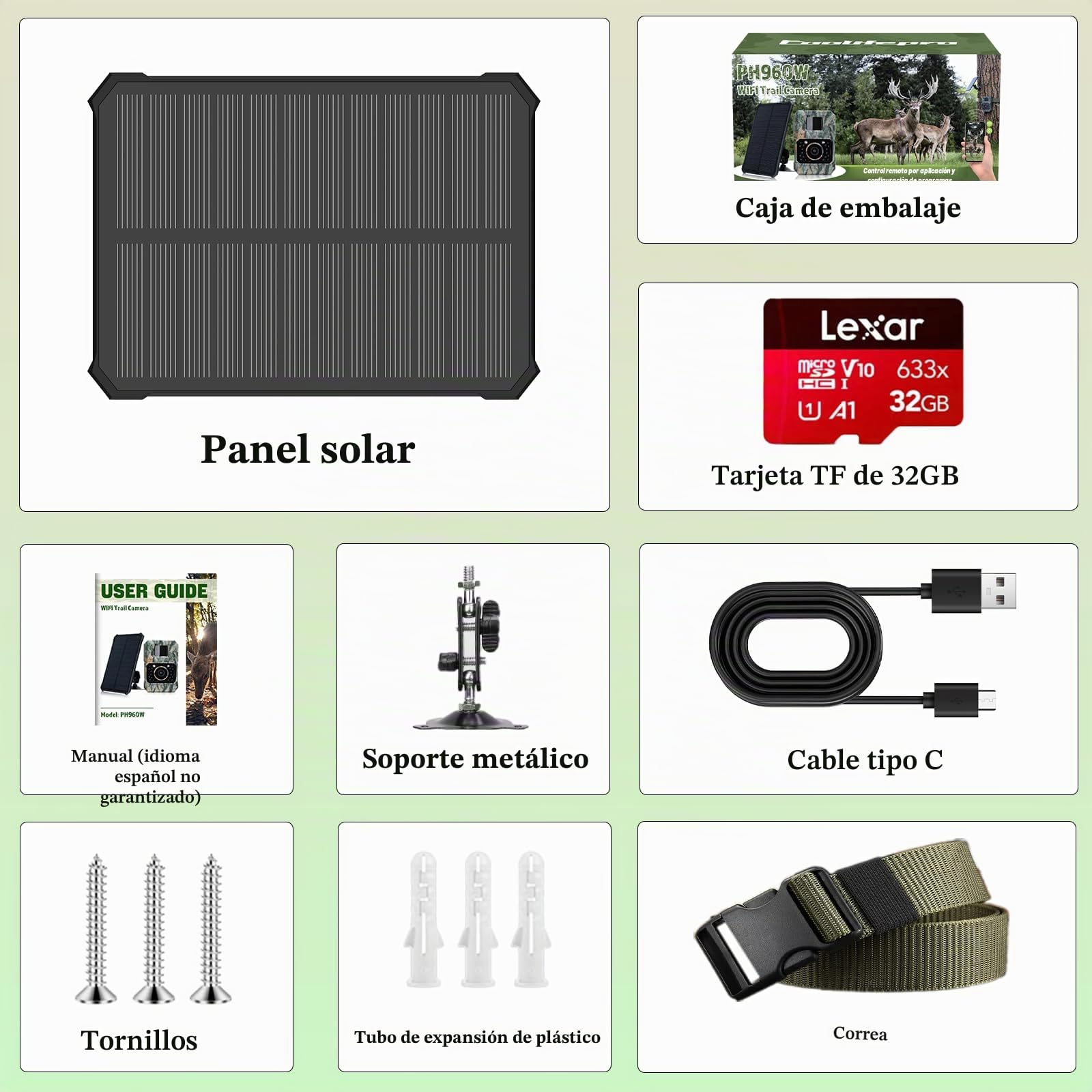 Coolifepro Cámara de Caza Solar, 60MP WiFi Bluetooth Camara Fototrampeo, Batería Interna 2000mAh, No Necesita Batería Extra, Camara Caza para Monitoreo de Vida Silvestre con Tarjeta Micro SD 32GB