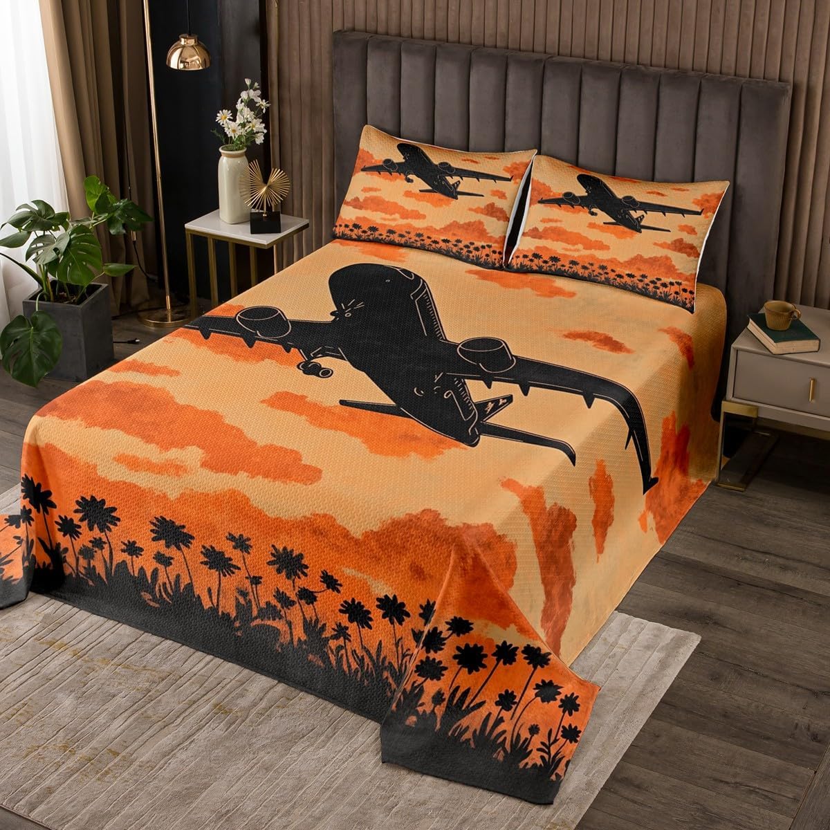 Homewish Airplane Military Theme Bedspread Twin Size,Flying Style Bedding Set for Kids Boys Girls Room Decor,Aircraft Star American Flag Plaid Coverlet Set 2Pcs,Pilot Theme Quilt,1 Pillowcase