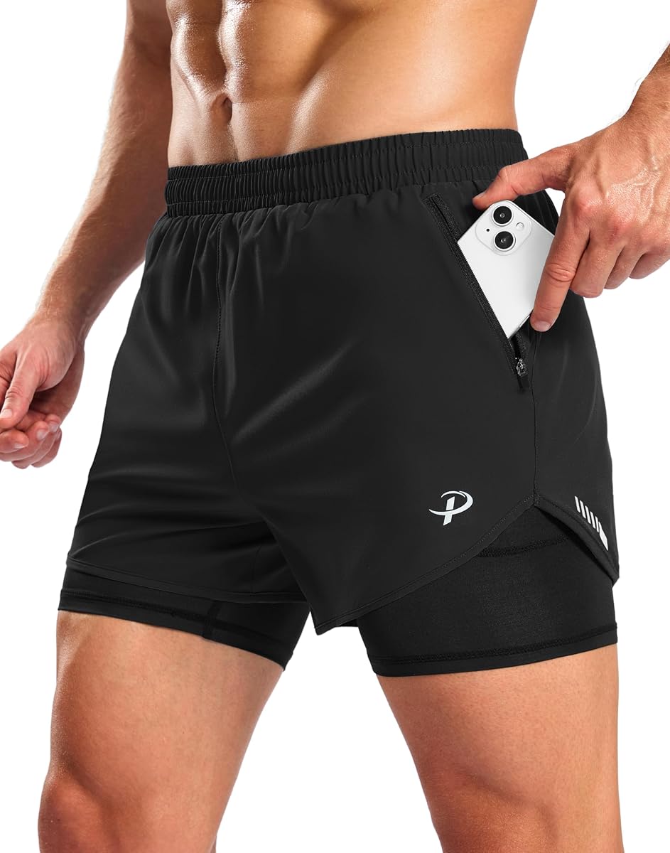 Pudolla Men's Lightweight 2 in 1 Gym Running Shorts 5" Zipper Pockets Quick Dry Workout Athletic Shorts Compression Liner