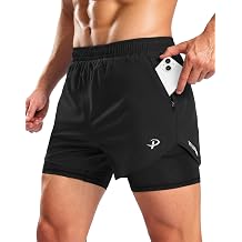 Pudolla Mens Lightweight 2 in 1 Running Shorts 5" Zipper Pockets Quick Dry Gym Workout Athletic Shorts Compression Liner