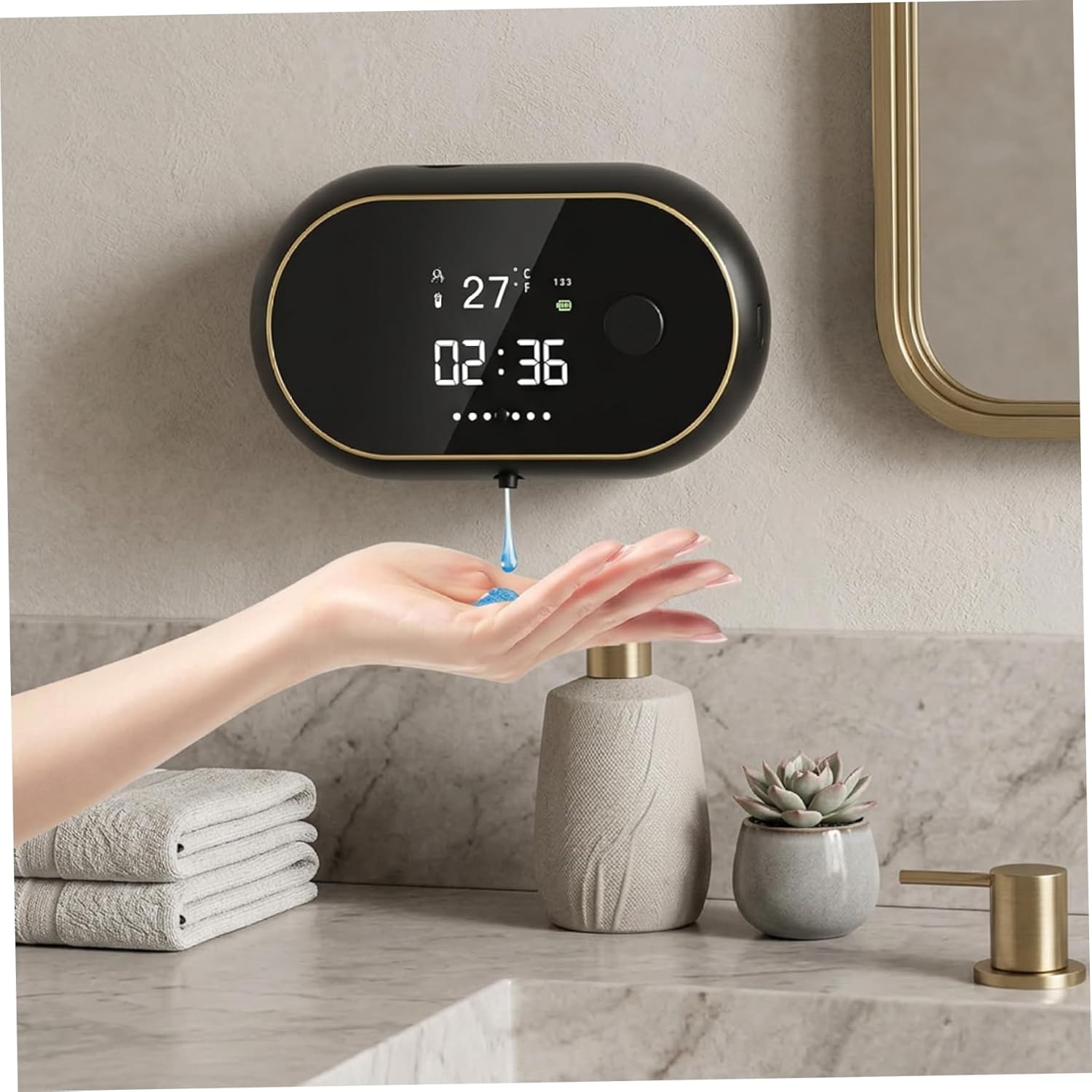 Automatic Soap Dispenser Wall Mount, Rechargeable Hands Free Soap Dispenser with LED Display & Clock for Kitchen and Bathroom, Black Wall