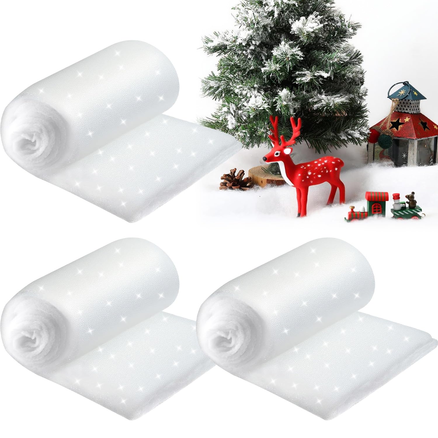 3 Rotolo di Neve Artificiale, 80 * 150cm Addensate Morbide Coperte di Neve Artificiale, Natalizia Coperta di Neve Arrotolata, Coperte di Neve di Natale per Addobbi Natalizi Invernali