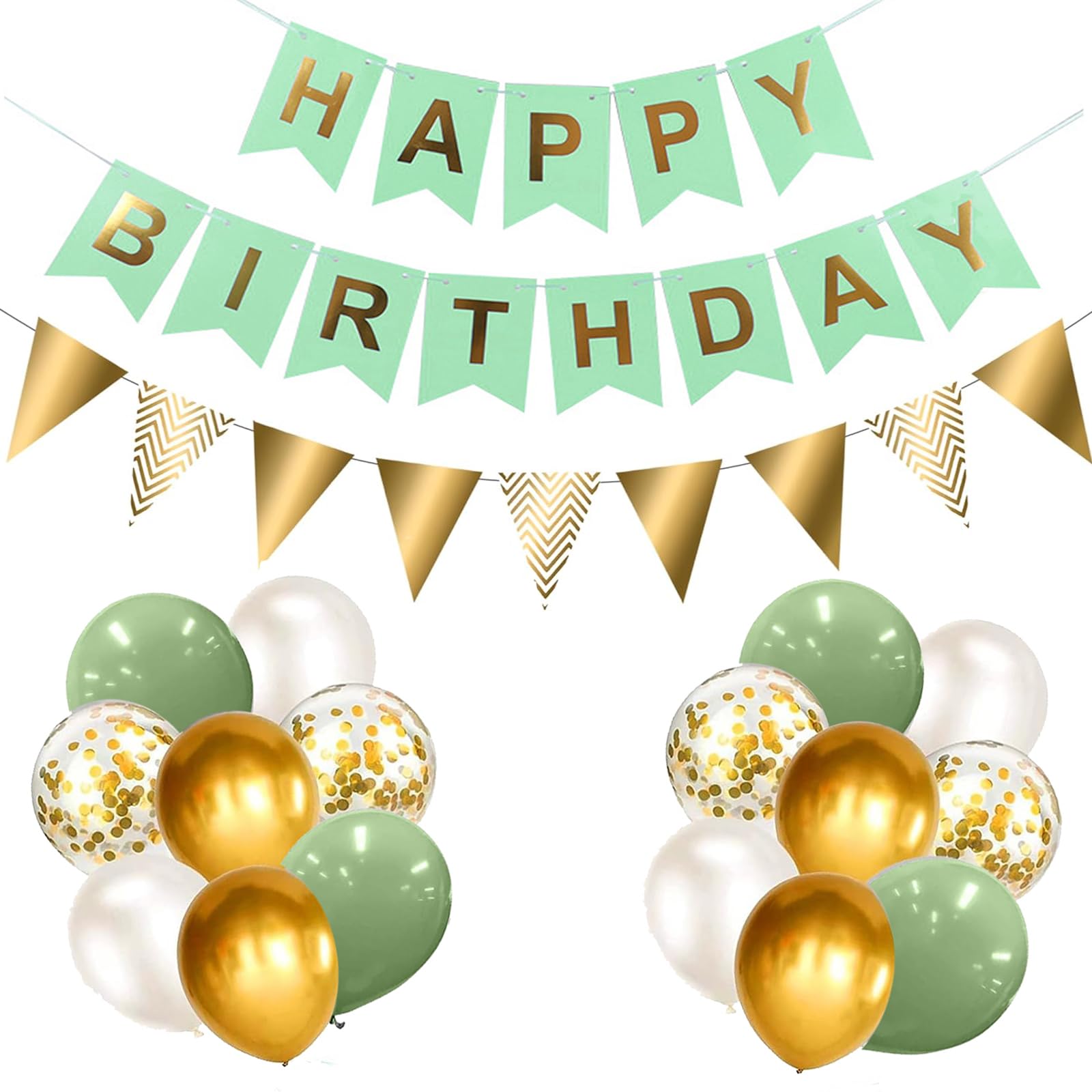 Happy Birthday bunting Banner balloons,12 inch Green and gold Decoration Balloons for Girls Boys Party Supplies（GN+GD+SJQ）