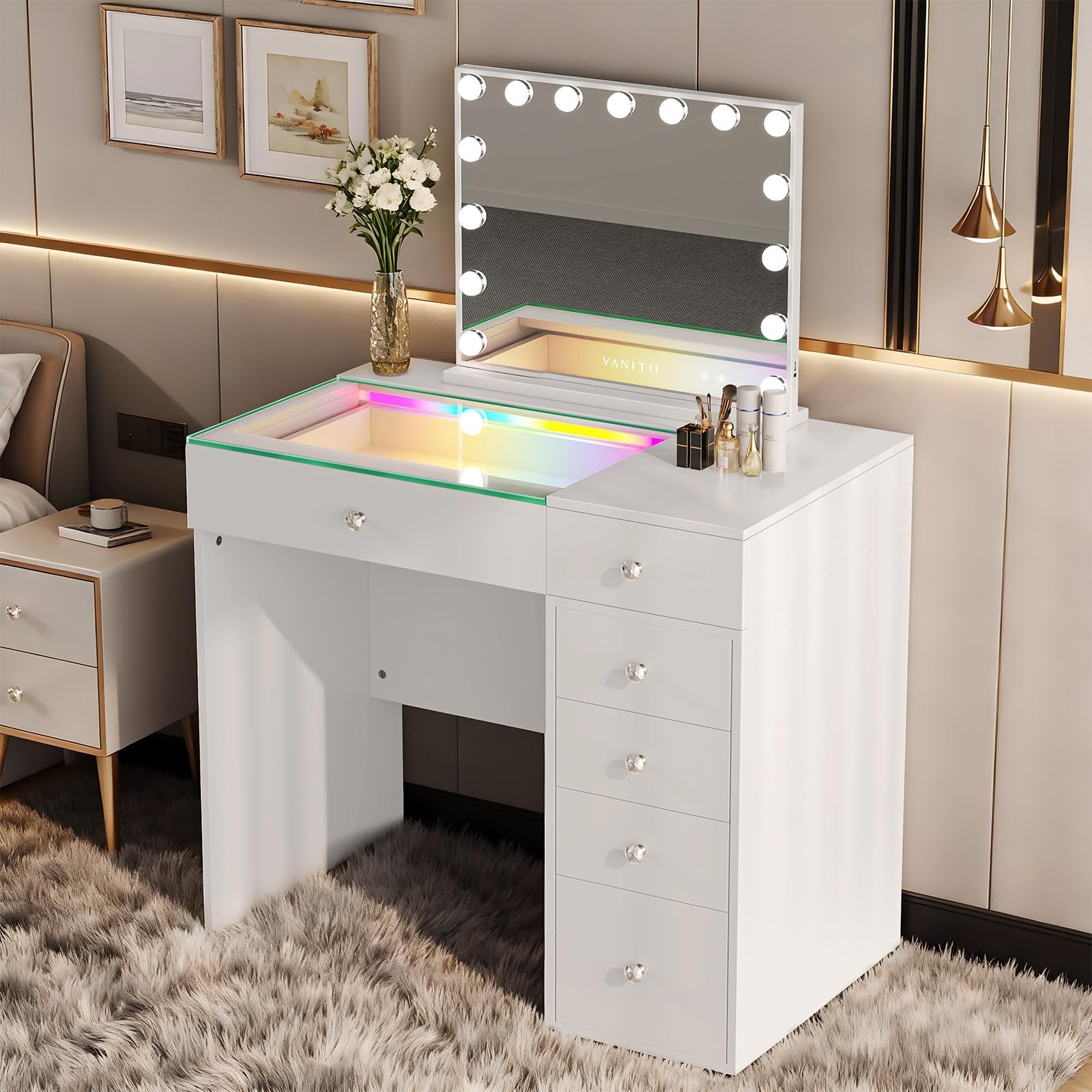 Hollywood - Espejo de tocador con luces, carga USB, 22.8 x 18.1 pulgadas, espejo de maquillaje iluminado con 15 bombillas LED regulables, 3 modos de mesa para cosméticos