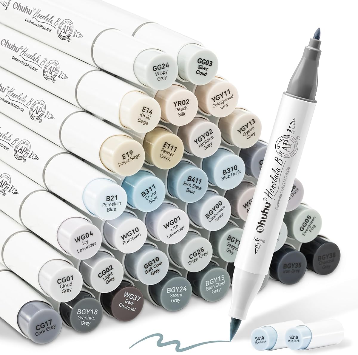 Ohuhu Alcohol Markers Brush Tip Grey-tone-Dual Tips Alcohol Based Art Marker Set for Artist Adults' Coloring Illustration Shading-36 Grayscale Colors w/ 1 Blender-Fine&Brush-Honolulu B | AP Certified Refillable Art Marker for Adults Coloring Artists Beginners Drawing Illustration, with Alcohol-based Blender