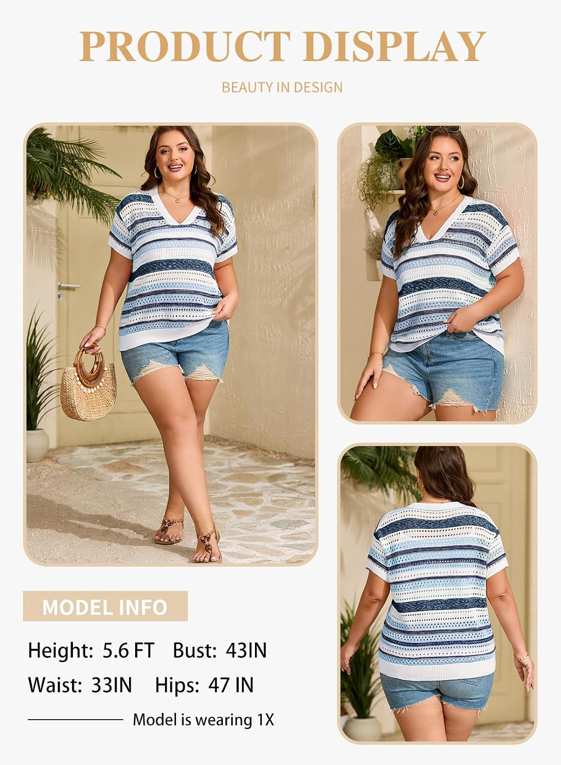 Eytino Plus Size Tops for Women Striped V Neck Short Sleeve Hollow Out Crochet Knit Sweater 2026 Sping Clothes Outfits(1X-5X)