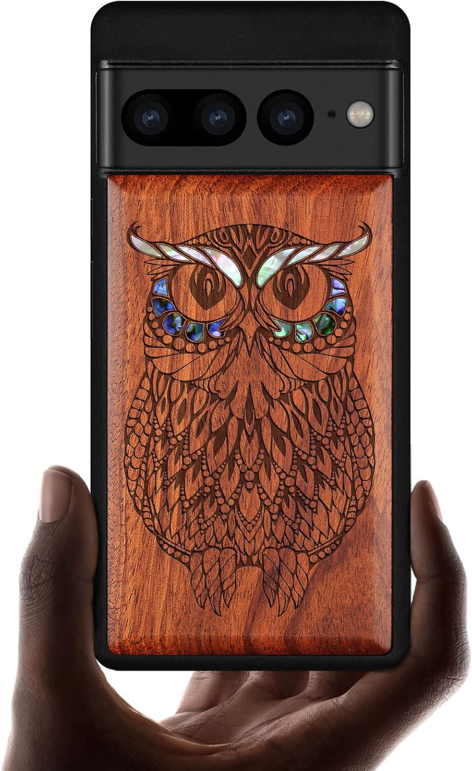 Carveit Designer Wooden Case for Google Pixel 7 Pro Case [Wood Engraving & Shell Inlay] Unique Wood Cover Compatible with Wireless Chargers Pixel 7 Pro (Owl-Rosy)