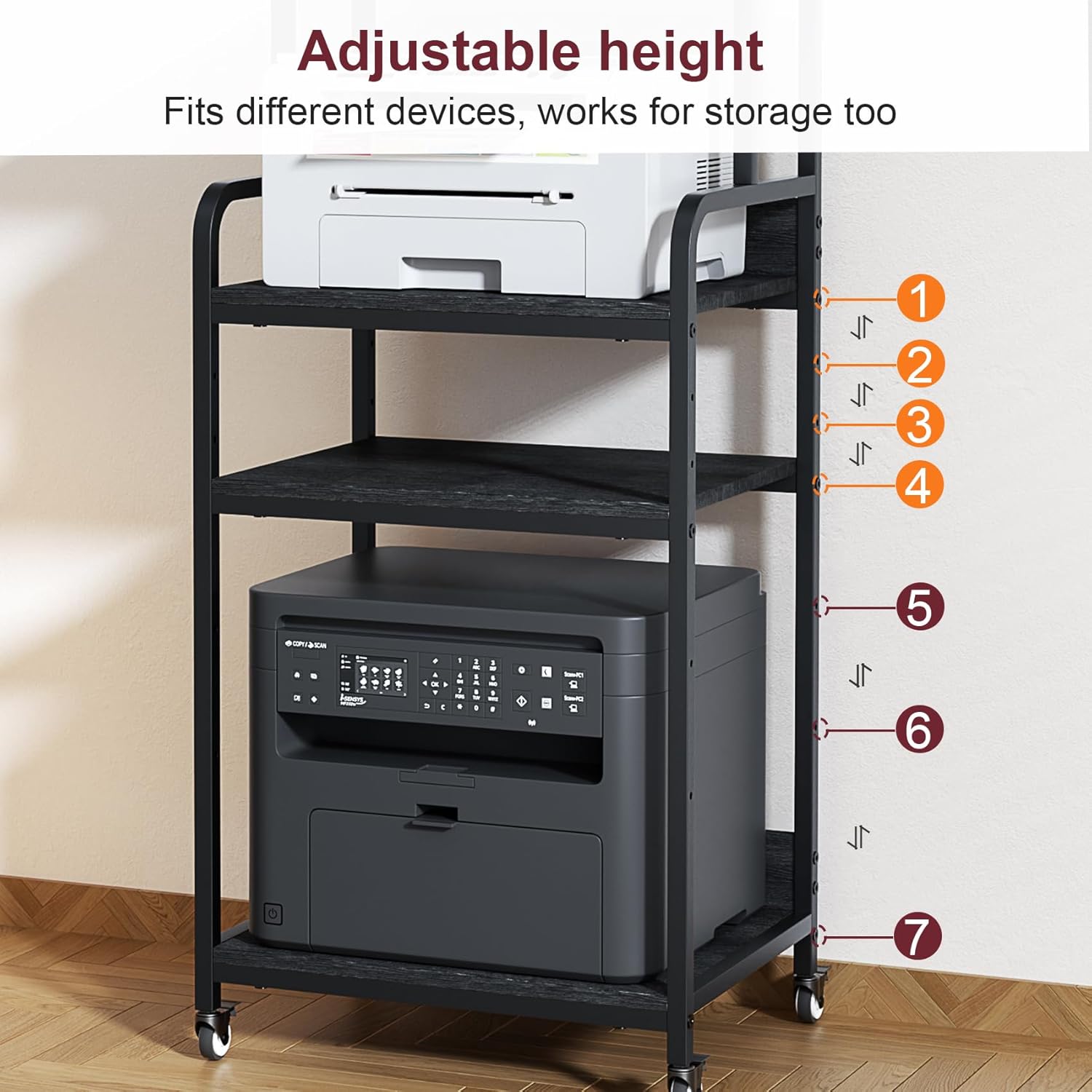 4 Tier Printer Stand with Wheels, Extra Large Tall Printer Table for Home Office, Printer and Shredder Stand with Storage Shelf (Black)