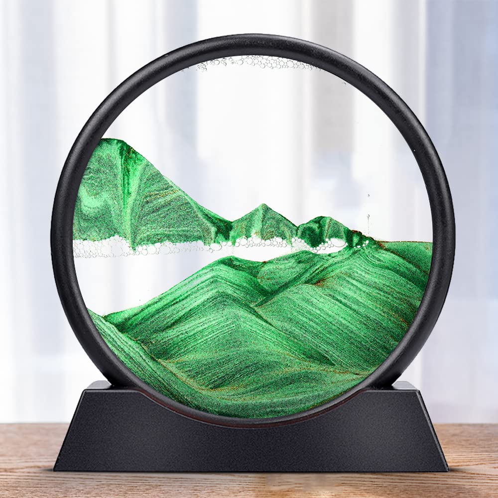 Ornement de bureau d'art de sable en mouvement, ornement de peinture de sables mouvants 7/12 pouces image d'art de sable 3D en mouvement sablier rond en verre paysage de sable de mer profonde en mouve