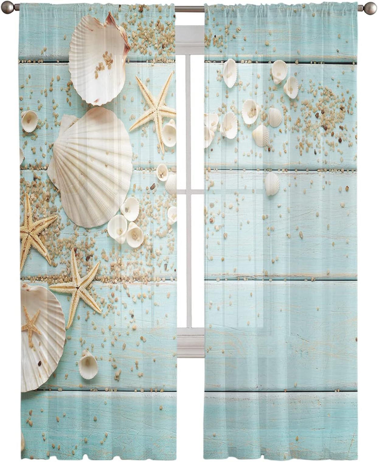 Semi Sheer Window Curtains Coastal Beach Starfish Shell Sand Rod Pocket Window Voile 2 Panels Door Drapes Window Treatment for Kitchen Bedroom Living Room Hotel Blue Board 52x96inx2