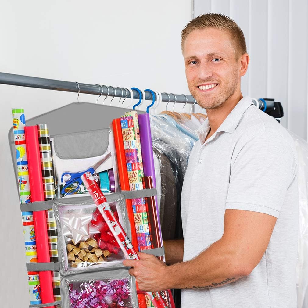 ProPik Hanging Double Sided Christmas Gift Wrapping Paper Storage Organizer With Multiple Pockets Organize Your Gift Wrap, Gift Bags Bows Ribbons 40"X17" Fits 40 Inch Rolls Clear PVC Bag 1 Unit (Grey)