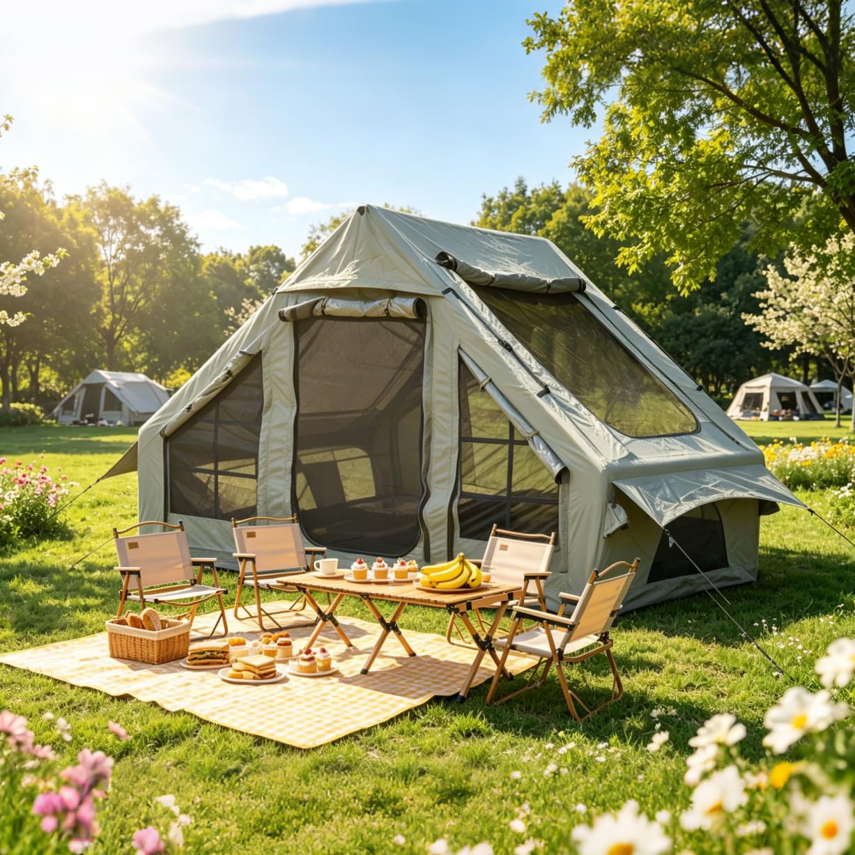 Tente Gonflable 4 Personnes,Tente de Camping Gonflable Spacieuse en Toile 300D,PU3000,UPF50+,Tente Chaude avec Sortie de Poêle,Montage Rapide en 5 Min pour Famille,Jardin et Extérieur