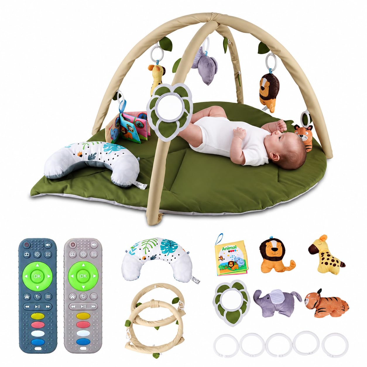 Gimnasio Bebé, Tapete de Actividades y Alfombra de Juegos Acolchada Lavable | Lavable a máquina, arco con 6 juguetes sensoriales desmontables, 2 mordedores, tummy time y uso de 0 a 12 meses