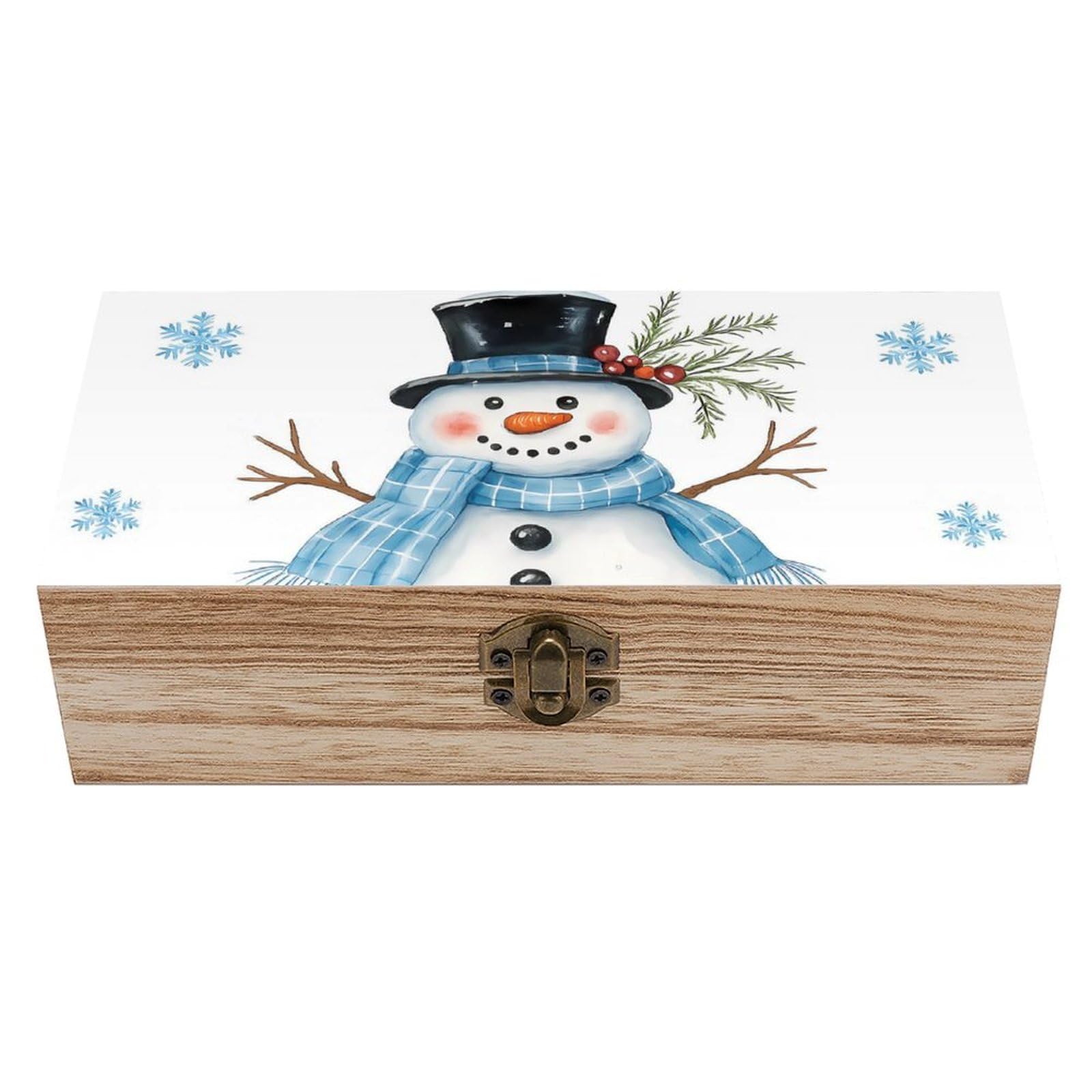 HLBSDM Winter Snowman with Blue Snowflakes Retro Wooden Storage Box Jewelry Art Gift Boxs Decorative Keepsake Boxes