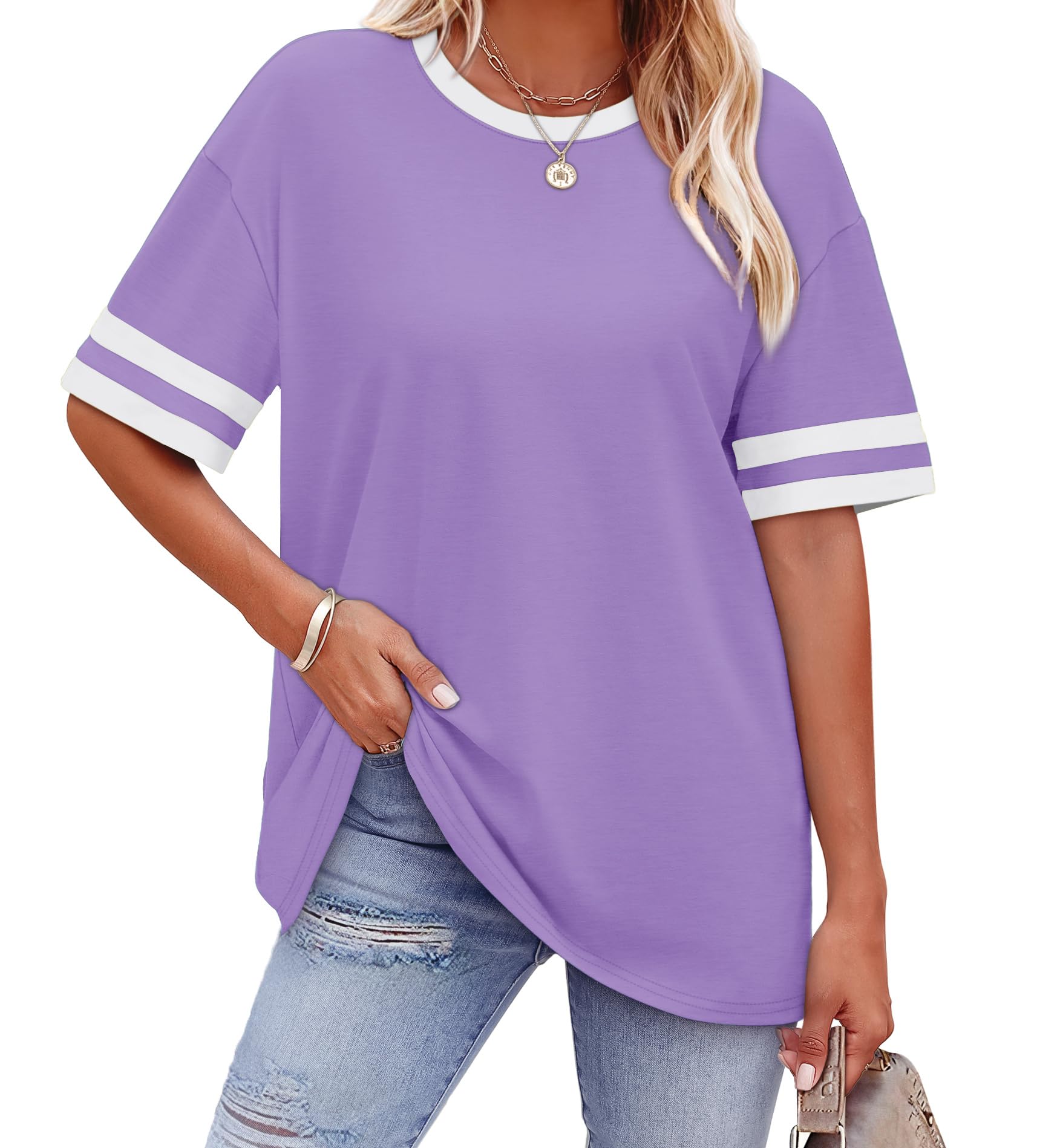 WIHOLL Womens T Shirts Loose Fit Short Sleeve Tees Crew Neck Color Block Summer Tops 2026 Fashion