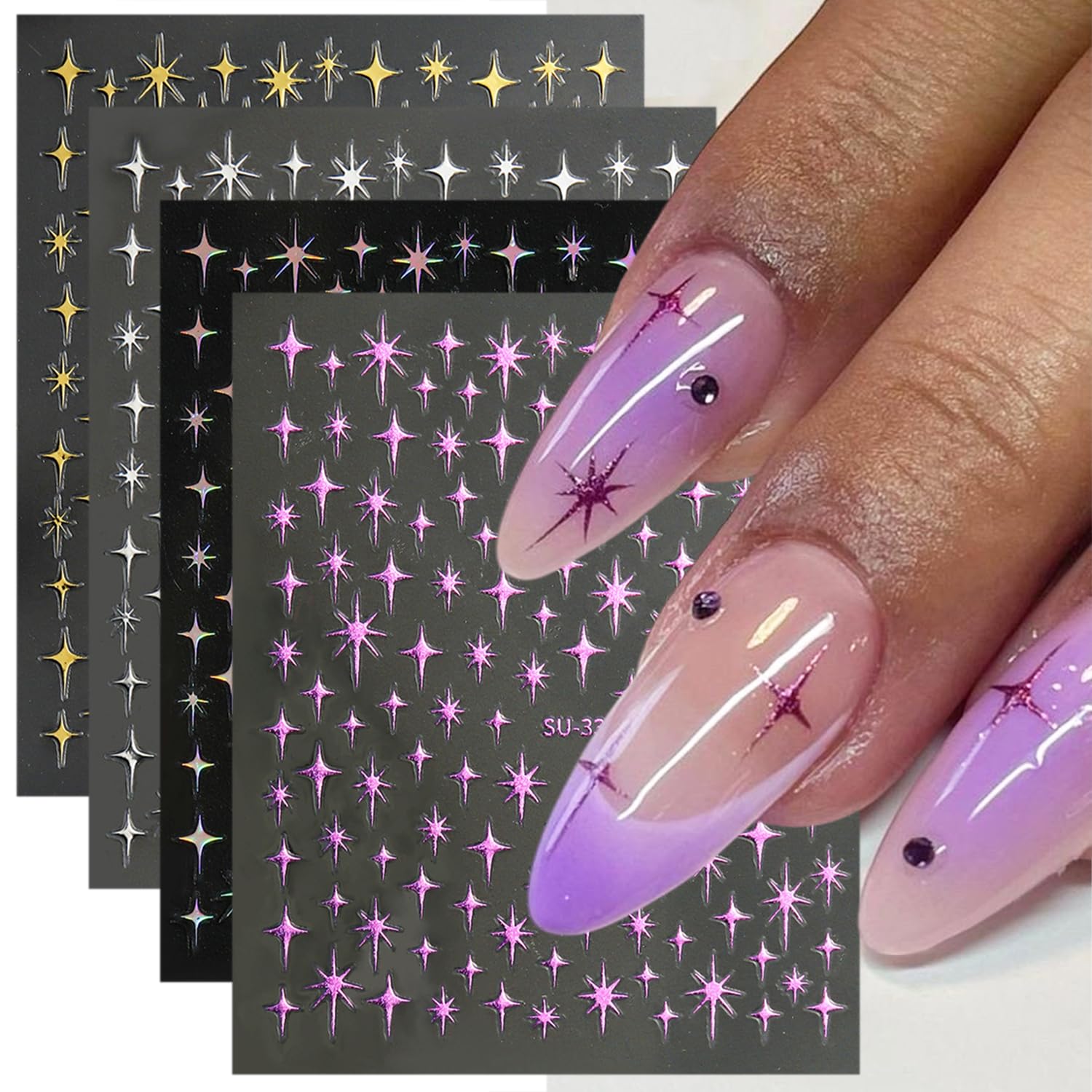 8 Sheets Star Nail Decals for Nail Art 3D Self-Adhesive Celestial Nail Stickers Purple Silver Gold Stars Nail Art Stickers Holographic Laser Nail