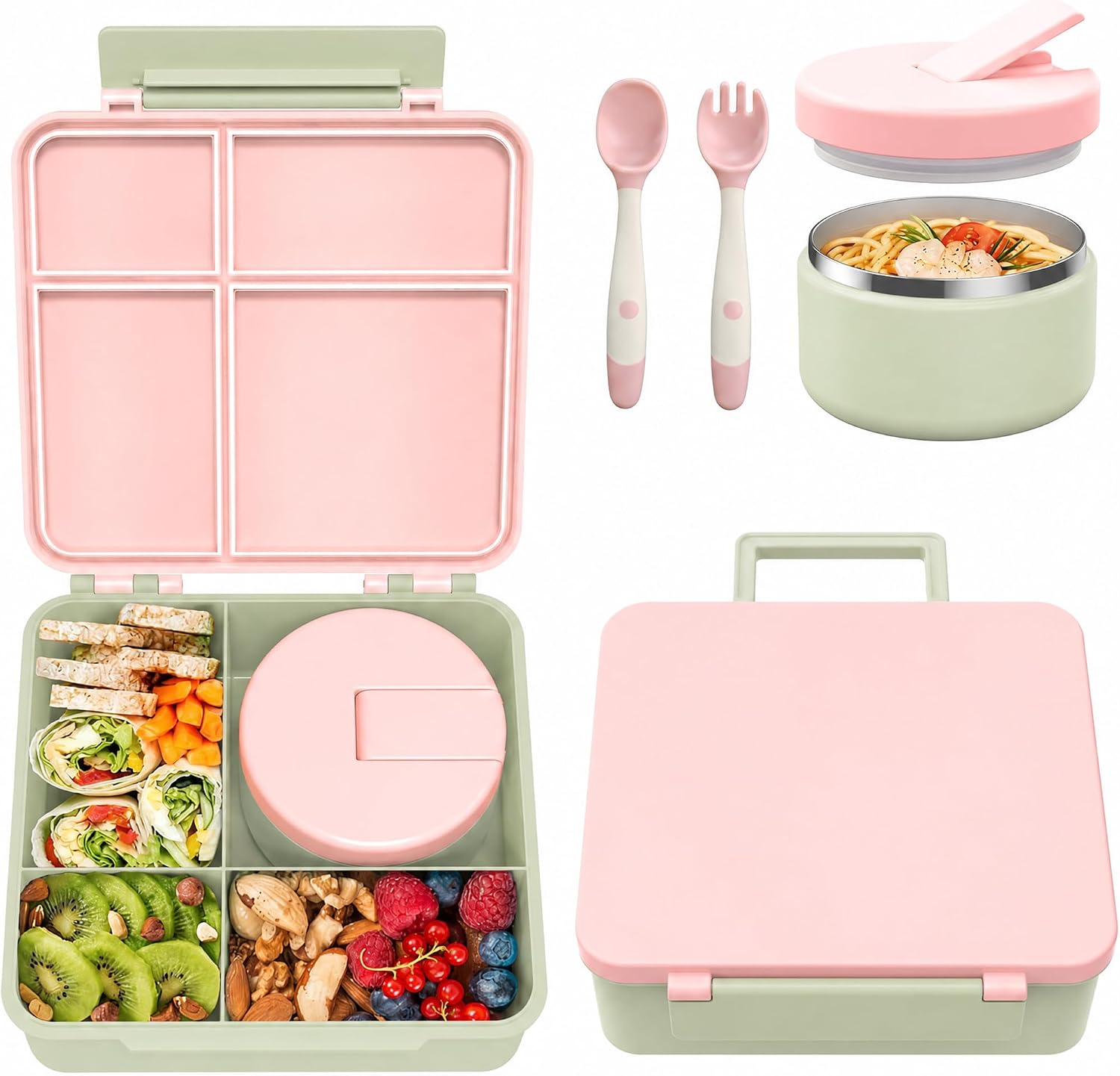 Bento Lunch Box with 8oz Soup Thermo, Kids Leakproof Lunch Food Containers with 4 Compartment, Kids Thermo Insulated Hot Food Jar for School, Trvael (Green-Pink)