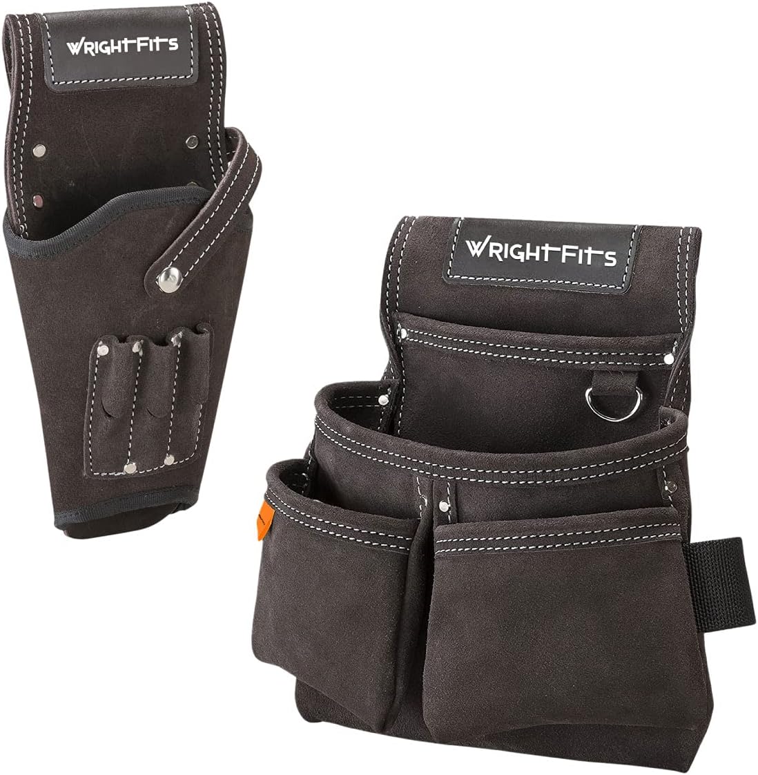 Leather Tool Pouch & Drill Holster, Double Pocket Organizer for tools, Nails & Screws - Drill Holder with 3 pockets Pockets for Drill Bits Organizer