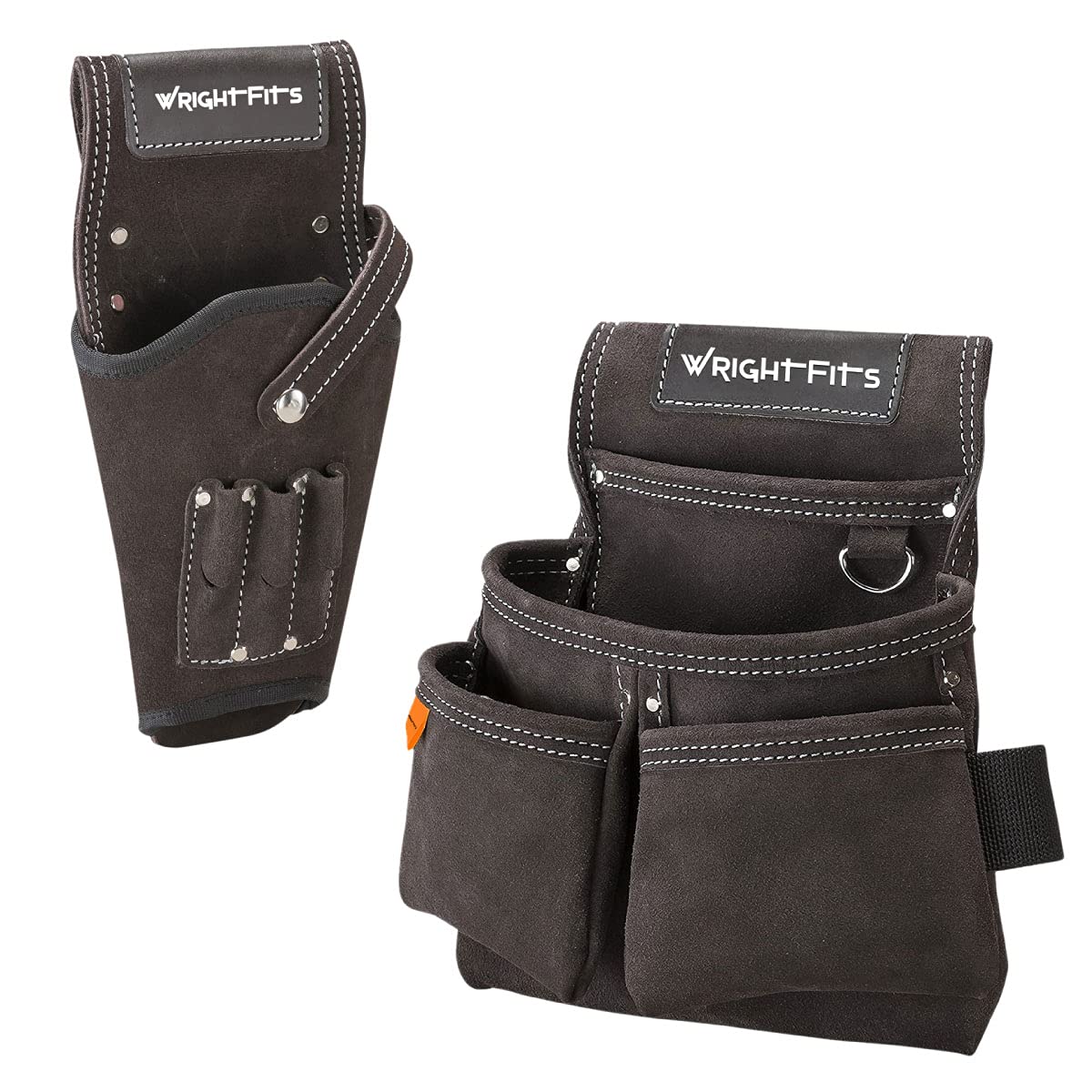 Leather Tool Pouch & Drill Holster, Double Pocket Organizer for tools, Nails & Screws - Drill Holder with 3 pockets Pockets for Drill Bits Organizer