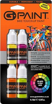 Bike Paint - Touch-Up Paint Kit for Scratched or Chipped Frames - 4 Pack of 10ml Bottles - Yellow/Lime/Orange/Magenta. Mix to Color Match. Includes Applicator Brush
