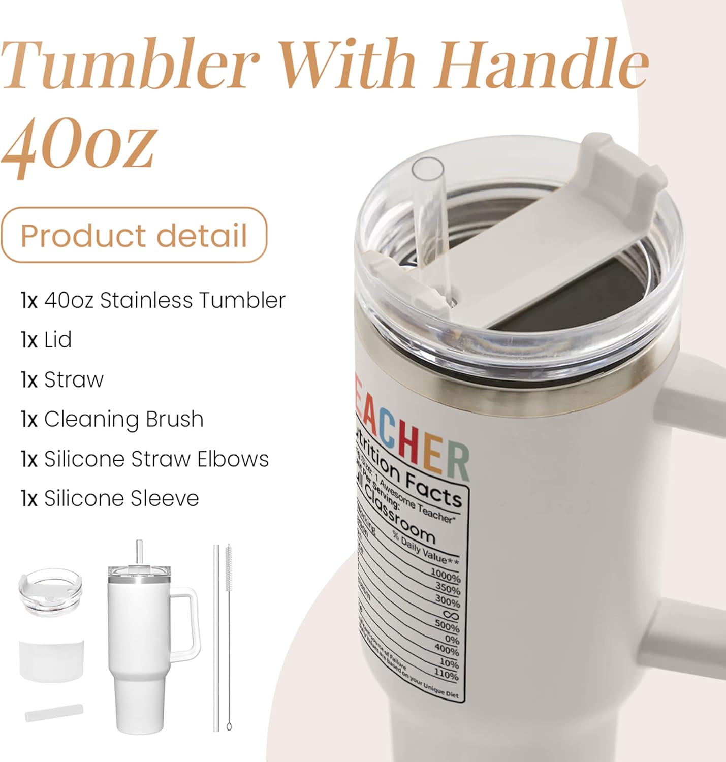 SANDJEST Teacher Appreciation Gifts - It Takes a Big Heart 40oz Stainless Steel Tumbler with Handle - Thank You Gift for Teacher's Day & Graduation - Image 2