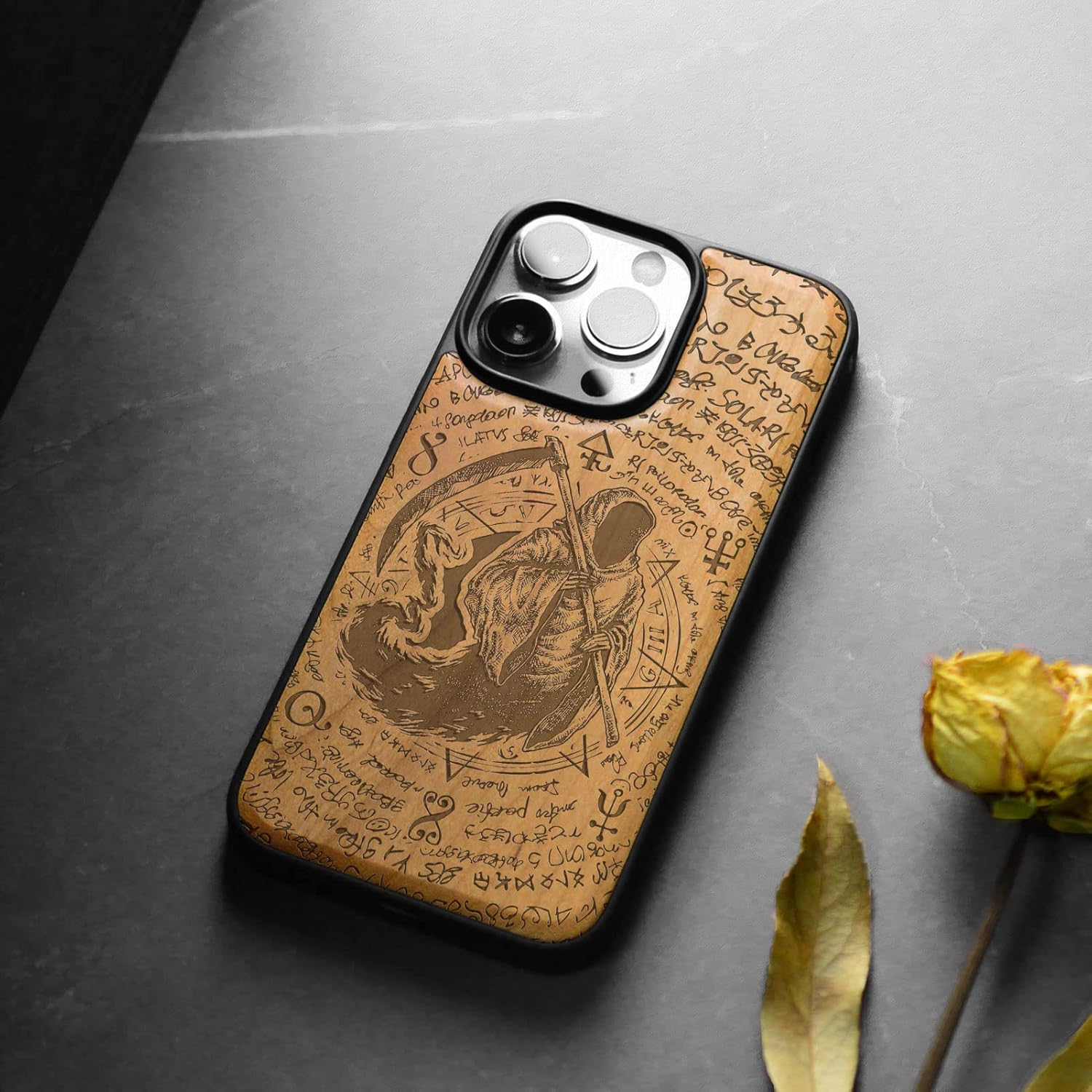 Carveit Magnetic Wood Case for iPhone 14 Pro Case [Natural Wood & Black Soft TPU] Shockproof Protective Cover Unique Wooden Case Compatible with magsafe (The Grim Reaper of Carved -Cherry)