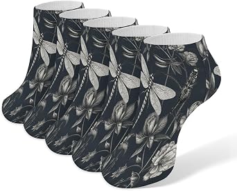 Black Flowers And Dragonfly Sock for Men Women Breathable Ankle Sock Comfort Casual Socks Sweating Novelty Tab Socks 5 Pairs