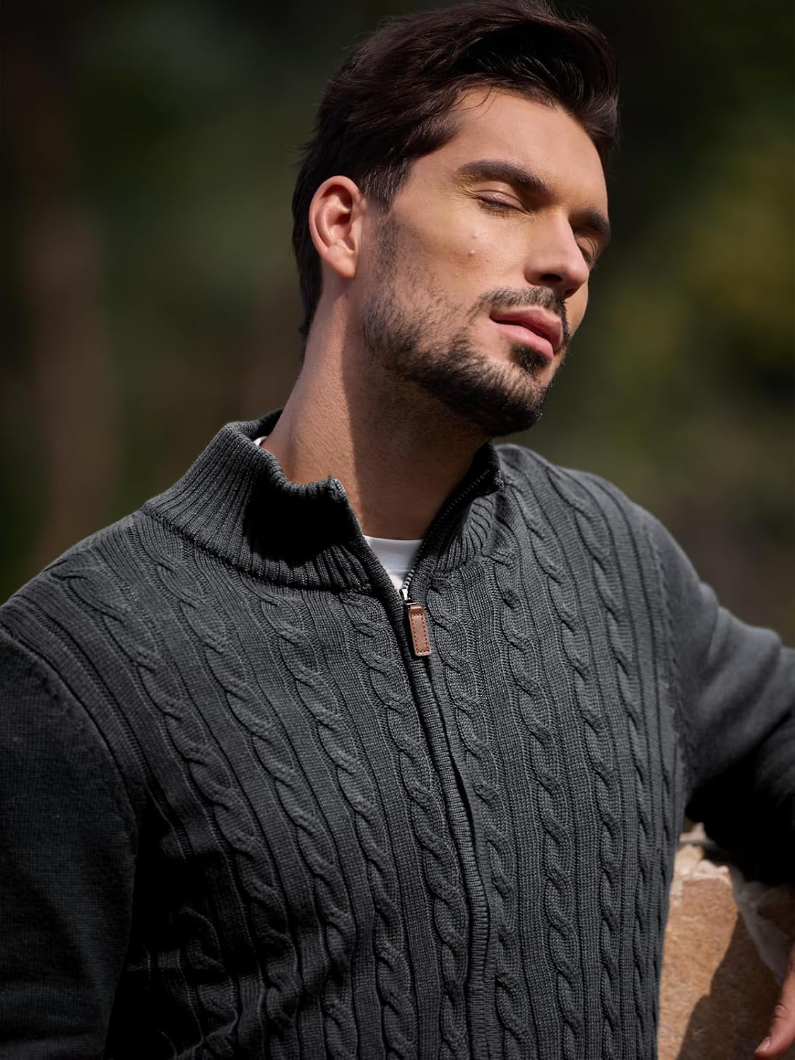 Les umes Men's Cardigan Sweaters Full Zip Stand Collar Cable Knitted Sweater Cotton Long Sleeve Zipper Cardigans