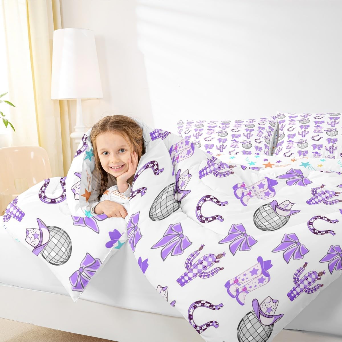 Feelyou Purple Western Comforter Set Toddler Size Wild West Cowboy Bedding Set for Boys Girls Children Rodeo Cowboy Style Duvet Quilt Room Decor Breathable Soft Microfiber All Season 2Pcs