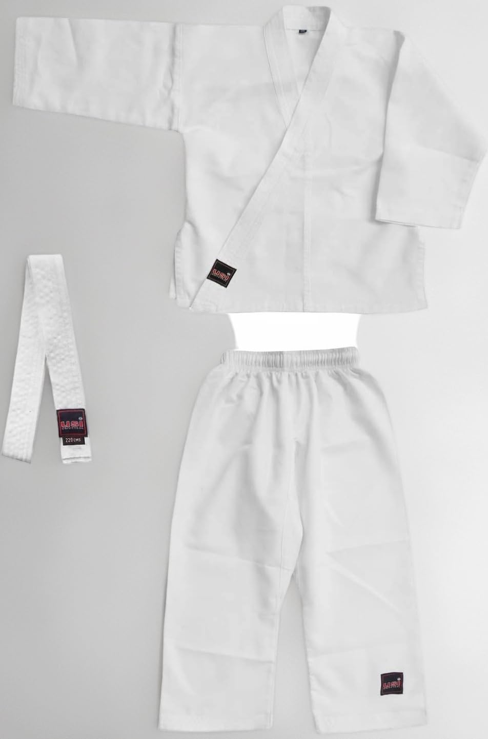 USI UNIVERSAL Karate Dress, 417KB Bouncer Karate Dress, Including White Belt, Karate Uniform Made of Light Weight Poly Cotton, Twill Weave, Basic Cut, Elastic Waist, Woven Labels