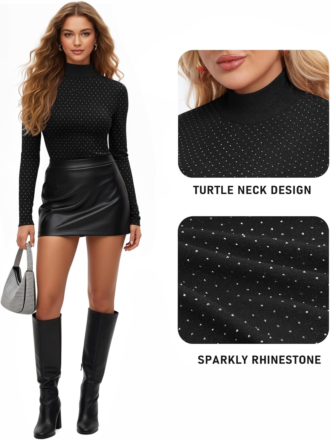 MANGOPOP Women's Sparkly Mock Turtle Neck Bodysuit Long Sleeve Shiny Rhinestone Body Suits Fall Outfits Tops - Image 4