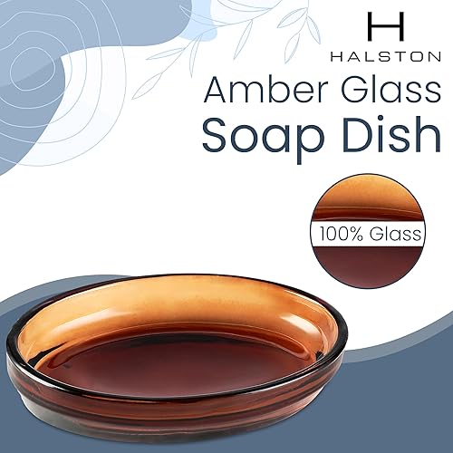 Miniatura 2 de H Halston - Juego de accesorios de baño de vidrio ámbar, dispensador de jabón espumoso, soporte para tarros de algodón Qtip de peso pesado,