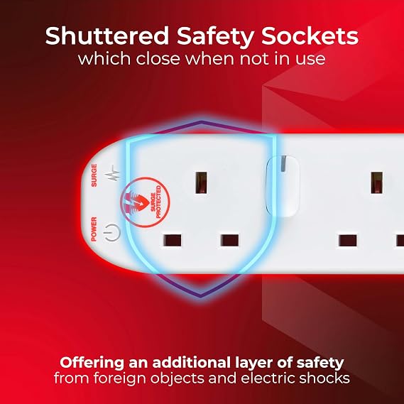 Masterplug Six Socket Extension Lead, 2 Metre Cable, Surge Protection, Individual Switches, Power and Surge LED Indicators, 6-Way Plug Extension Cable, Power Strip, White, 13A, 6G, 2m, SWSRG6210N