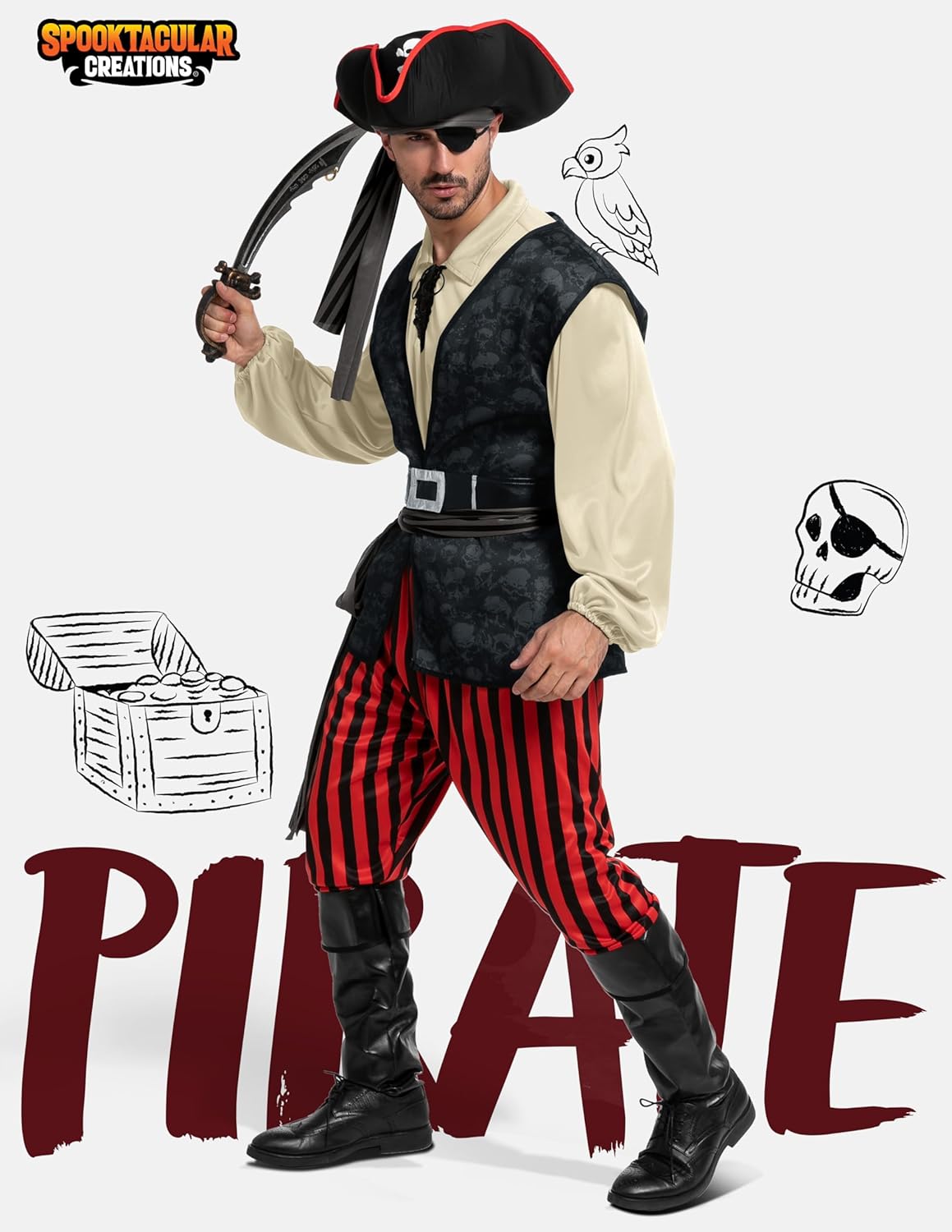 Spooktacular Creations Men Pirate Costume, Adult Pirate Shirt Vest Viking Pants Hat Set for Halloween Themed Parties - Image 2