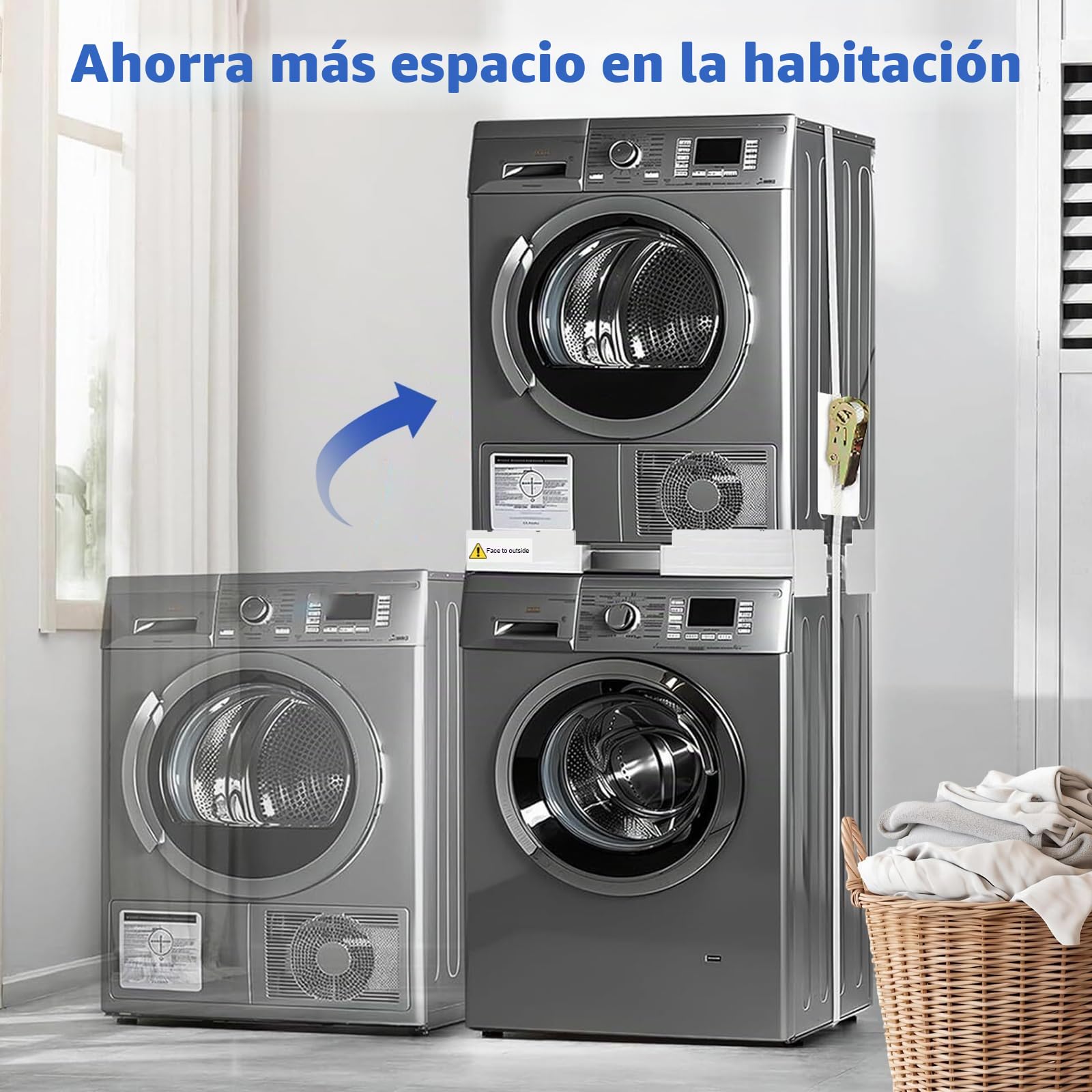 Kit Union Lavadora Secadora, Kit de Apilamiento Universal con 8 Almohadillas Antivibración y Cuerda de Trinquete, Marco Ajustable de Soporte Secadora de 44.5-70 CM, 4 Ganchos, Blanco