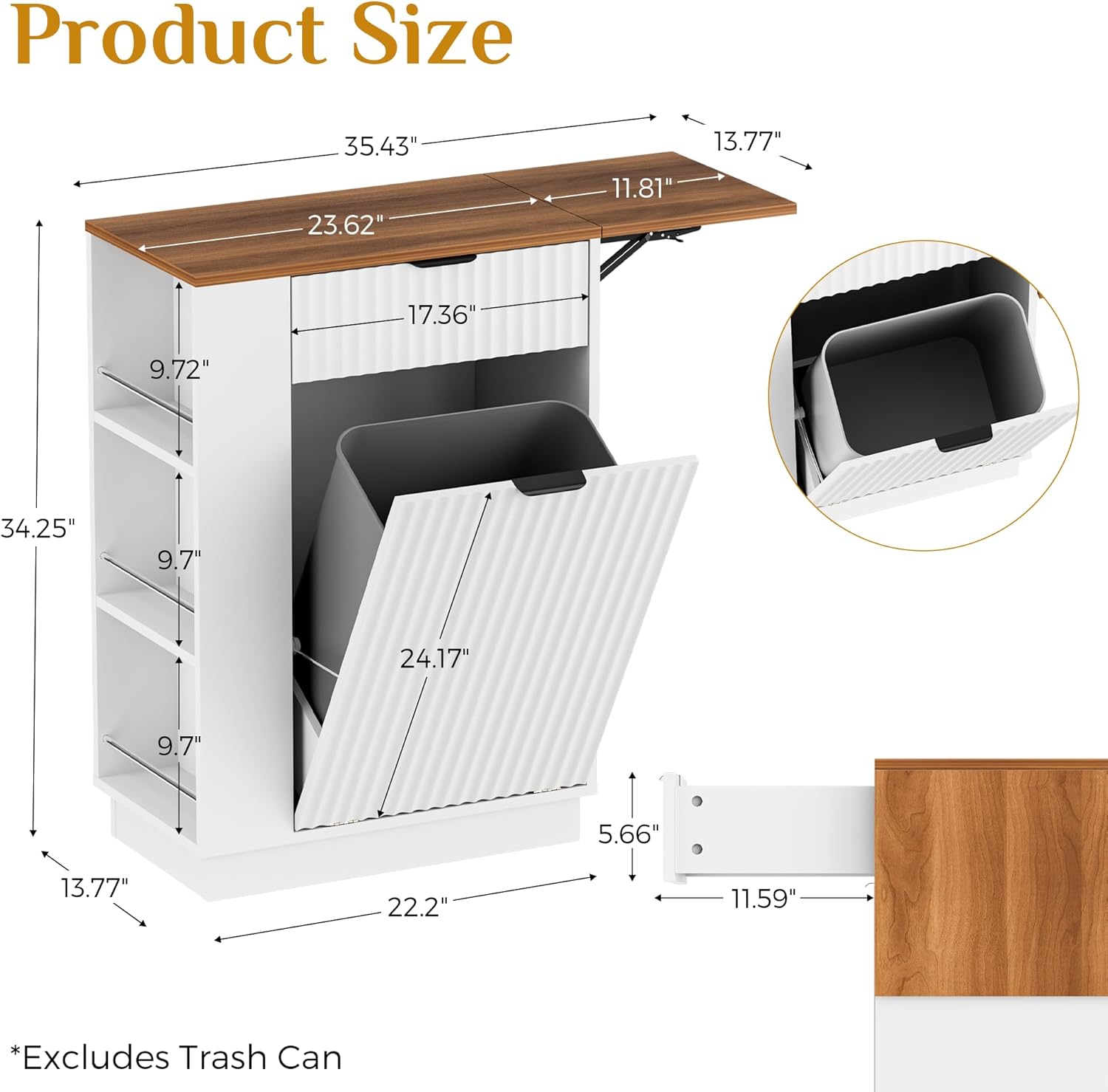 10 Gallon Tilt-Out Trash Can Cabinet with Drop Leaf, Drawer and 3 Side Shelves, Hidden Kitchen Island Storage, White.
