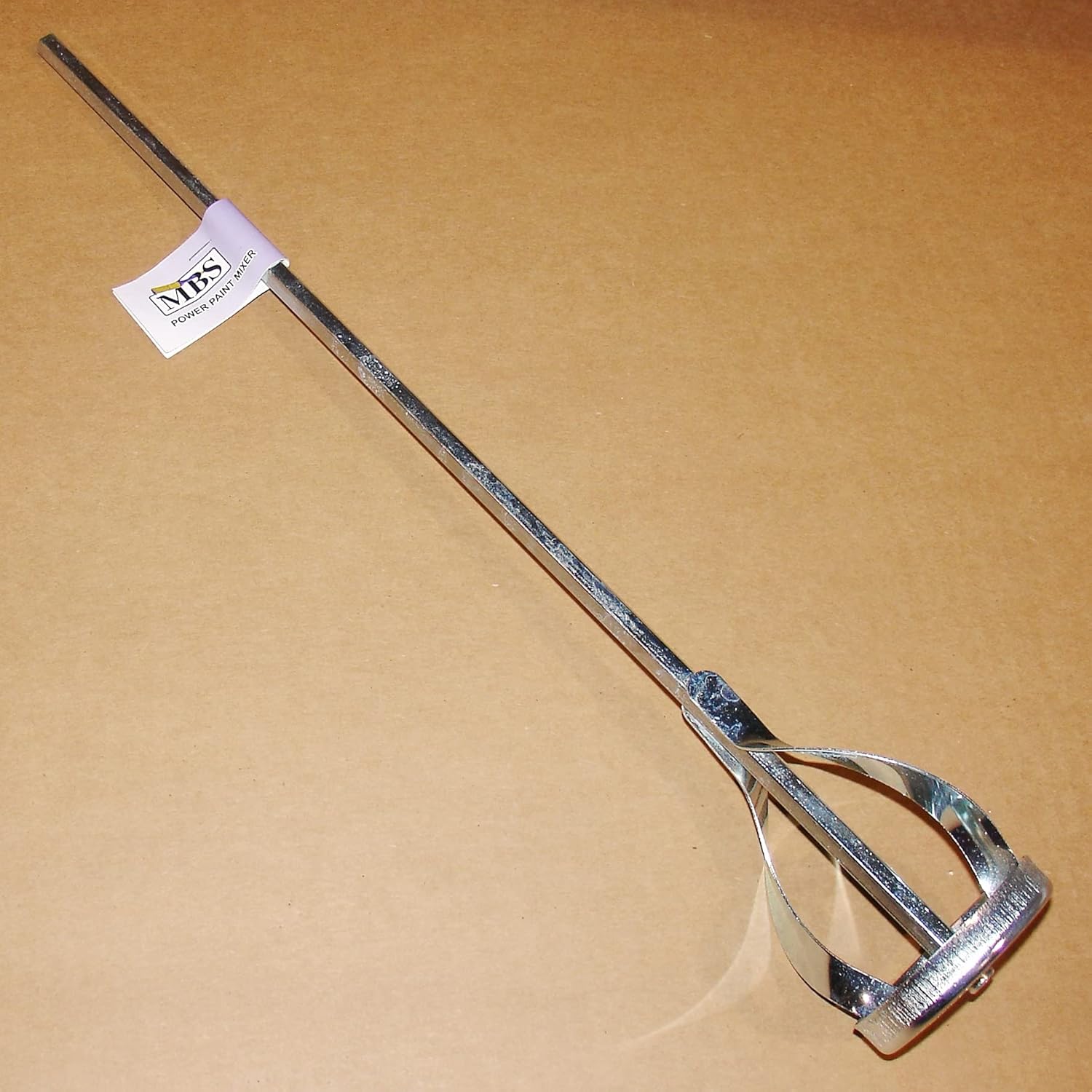 MBS 1 Gallon 16 inch Paint Mixer with hex shaft clearly visible, ready for attachment to a drill.