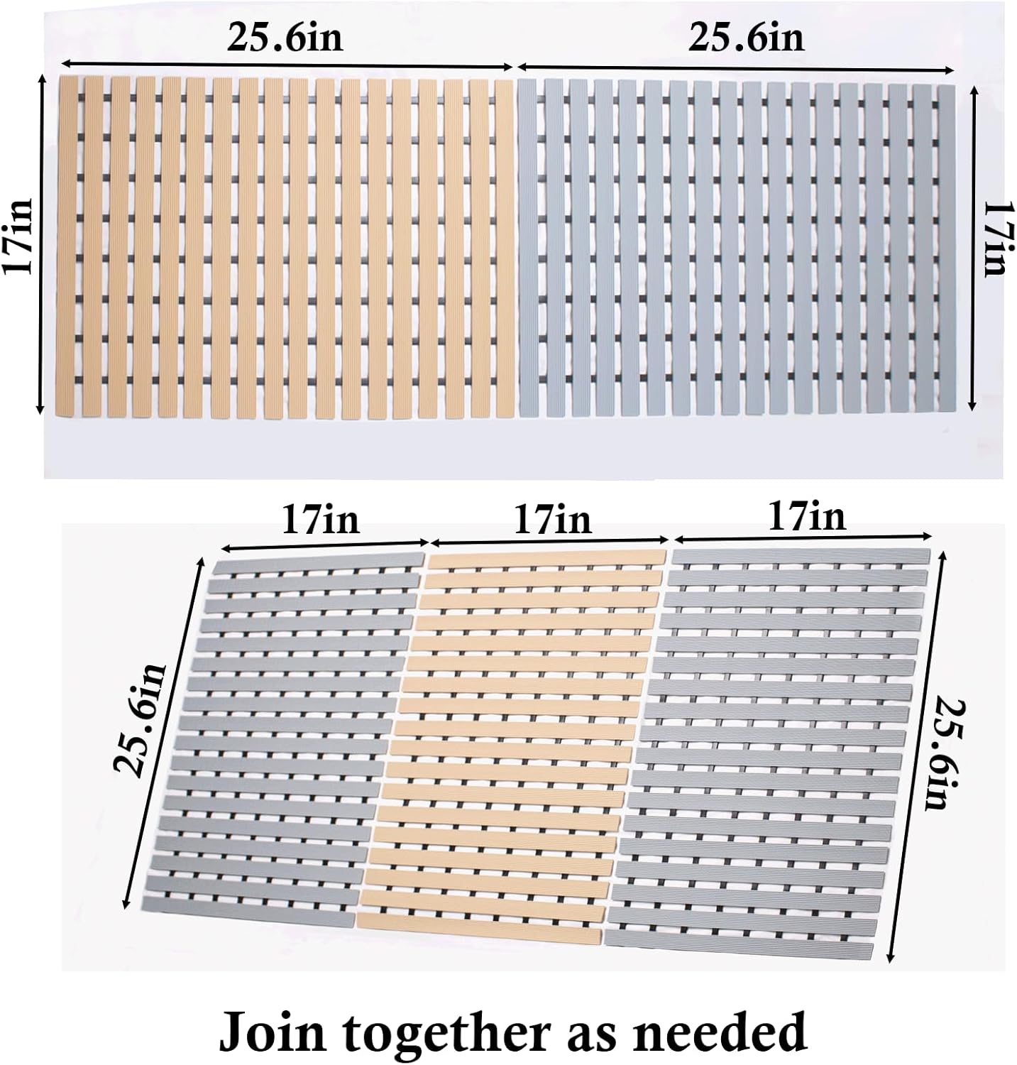 Extra Long Non Slip Shower Mat Without Suction Cups,Heavy Duty Rubber Bathtub Mat Spliceable,Cuttable,Quick Drain,Indoor Outdoor Use,2pack (Beige)…
