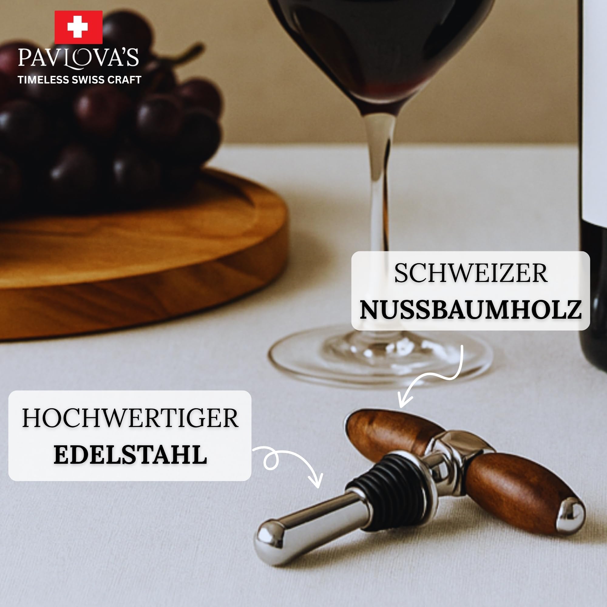 PAVLOVA’S Schweizer Korkenzieher & Flaschenverschluss Set 2-in-1 aus Walnussholz – Edelstahl – Vintage Design – Sicherer Flaschenverschluss – Geschenkbox – 10 Jahre Garantie – Limitierte Edition